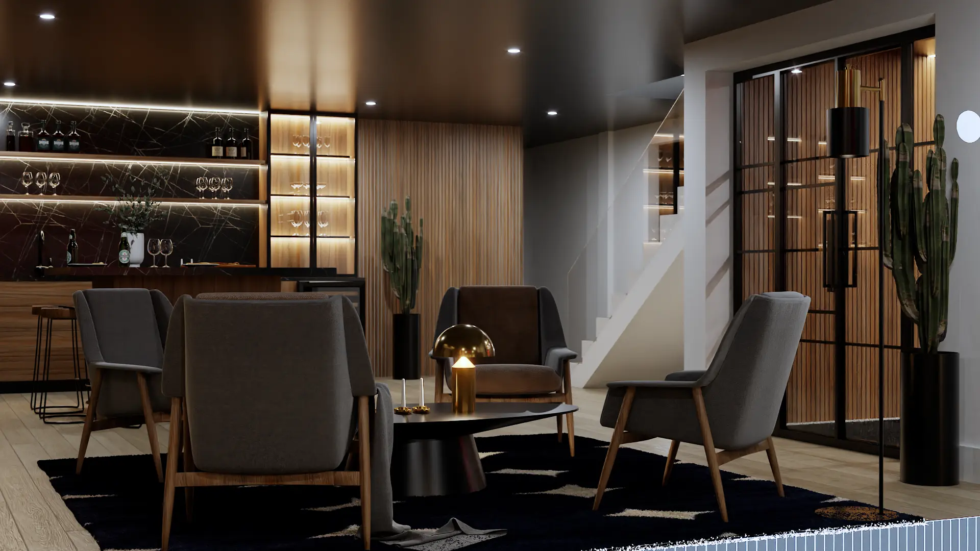 A contemporary lounge with sleek gray chairs, a modern bar with wooden cabinetry, and ambient lighting. The design includes a black and white rug and a gold accent lamp. Design by Debora, an online interior design service.