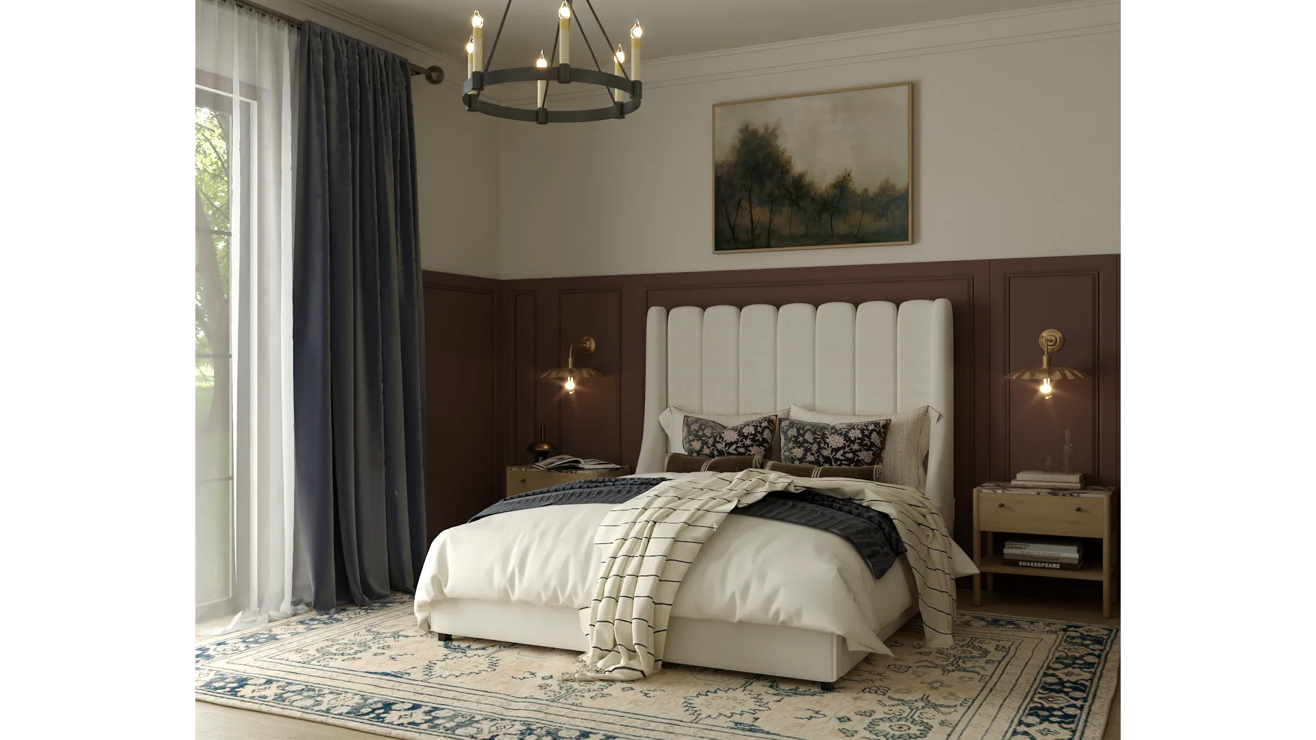An elegant bedroom featuring classic decor with a plush bed, chic chandelier, and rich accent colors. The design creates a serene and stylish retreat, perfect for relaxation and comfort. Design by Debora, an online interior design service.