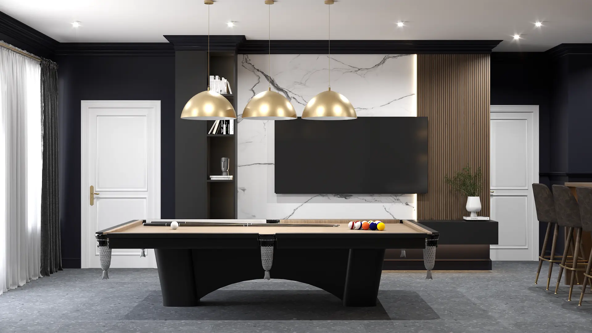 A modern game room with a sleek pool table, gold pendant lights, and a marble accent wall. The design includes a black shelving unit with decor and books. Design by Debora, an online interior design service.