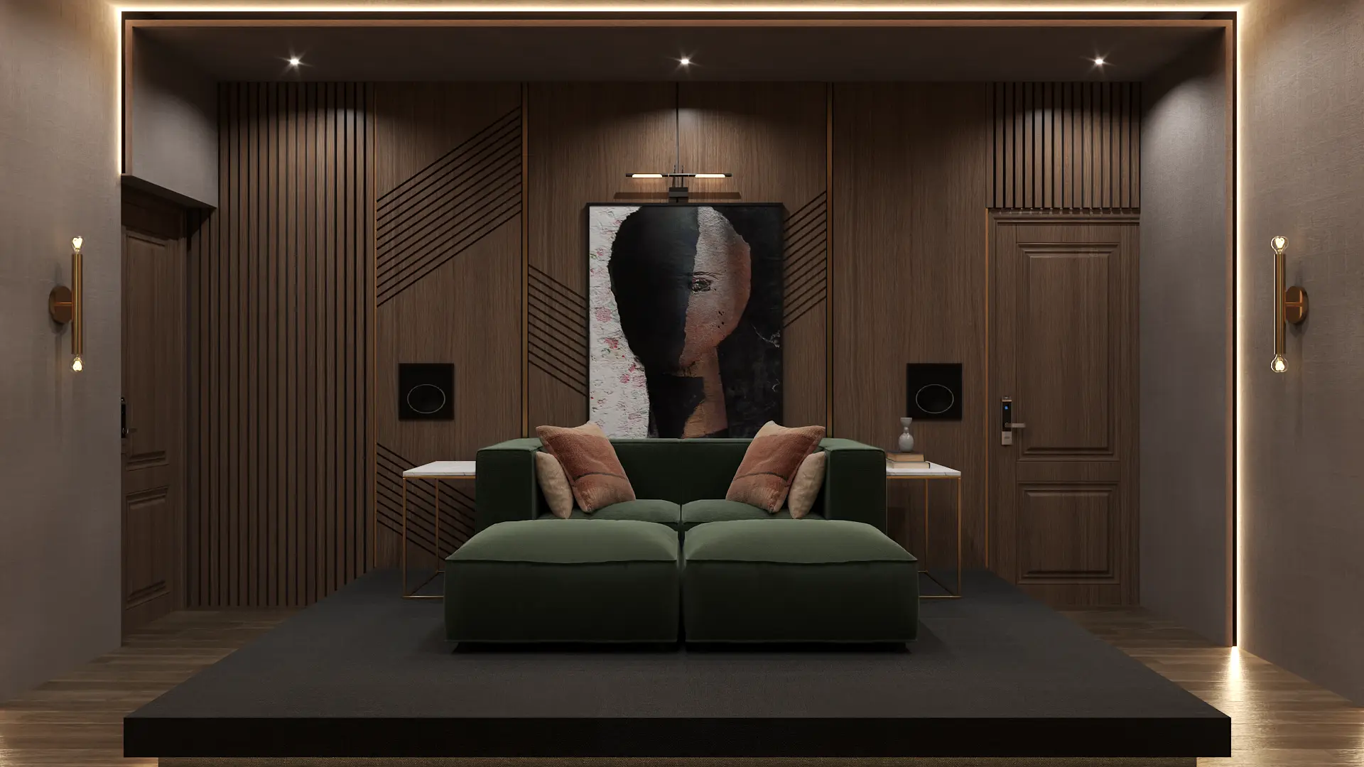 A cozy media room with a plush green sofa, warm wood accents, and modern wall art. The space is designed for comfort and relaxation. Design by Debora, an online interior design service.
