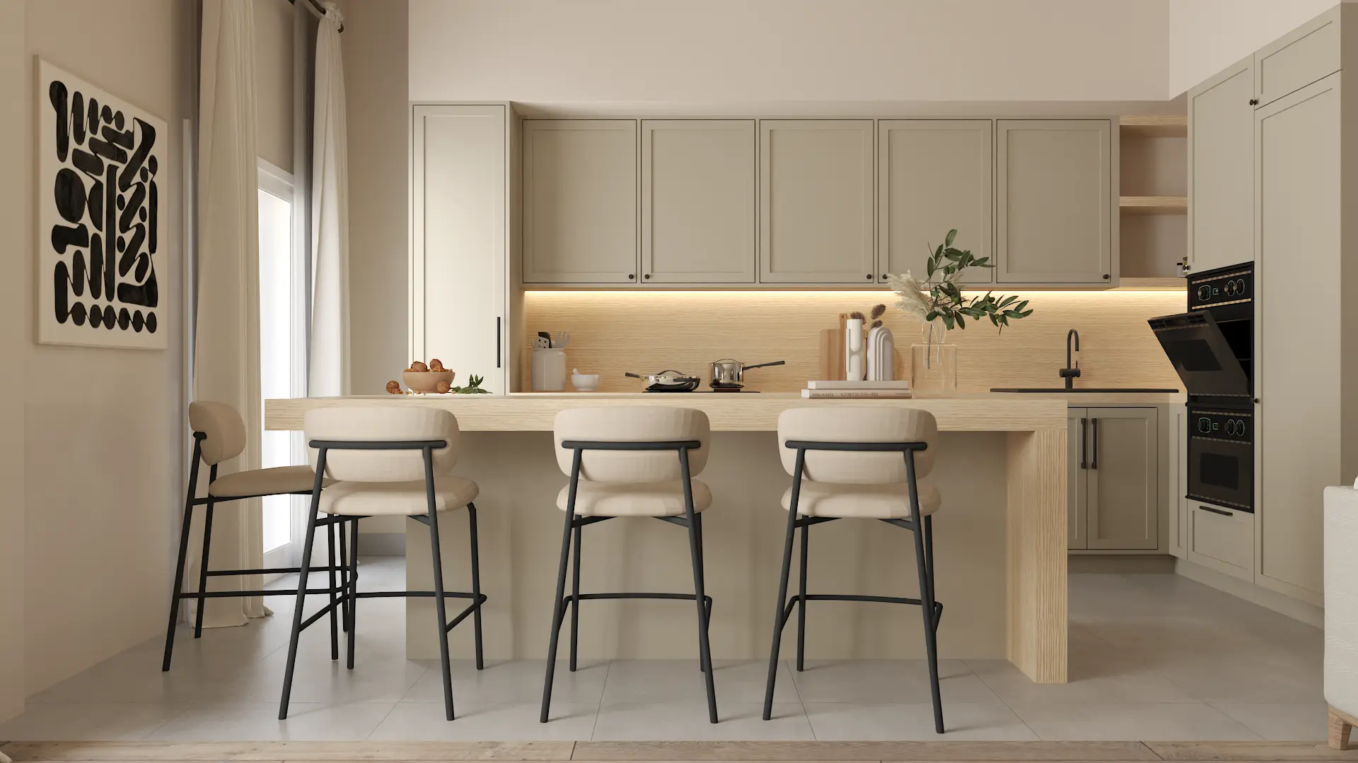 Neutral-toned kitchen with stylish bar seating and contemporary amenities, designed by Debora, an online interior design service based in New York City.