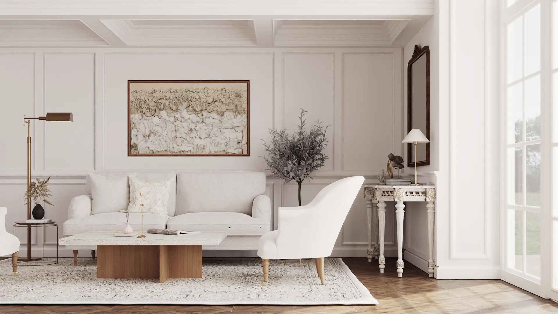 Classic white-paneled living room with minimalist decor and spacious layout, offering a blend of modern and timeless design. Created by Debora's online interior design service.