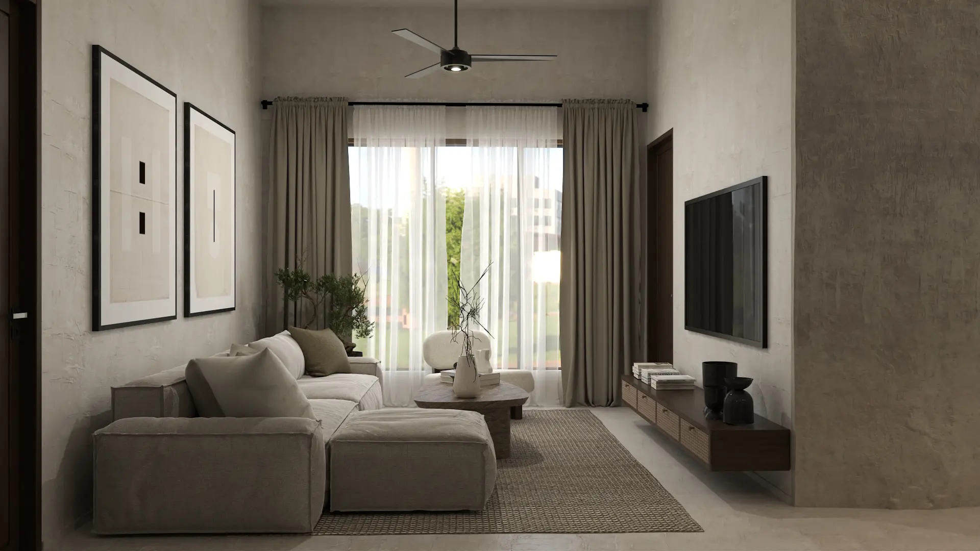 Modern living room with expansive floor-to-ceiling windows and neutral furnishings, offering a bright and serene space. Design by Debora, an online interior design service.
