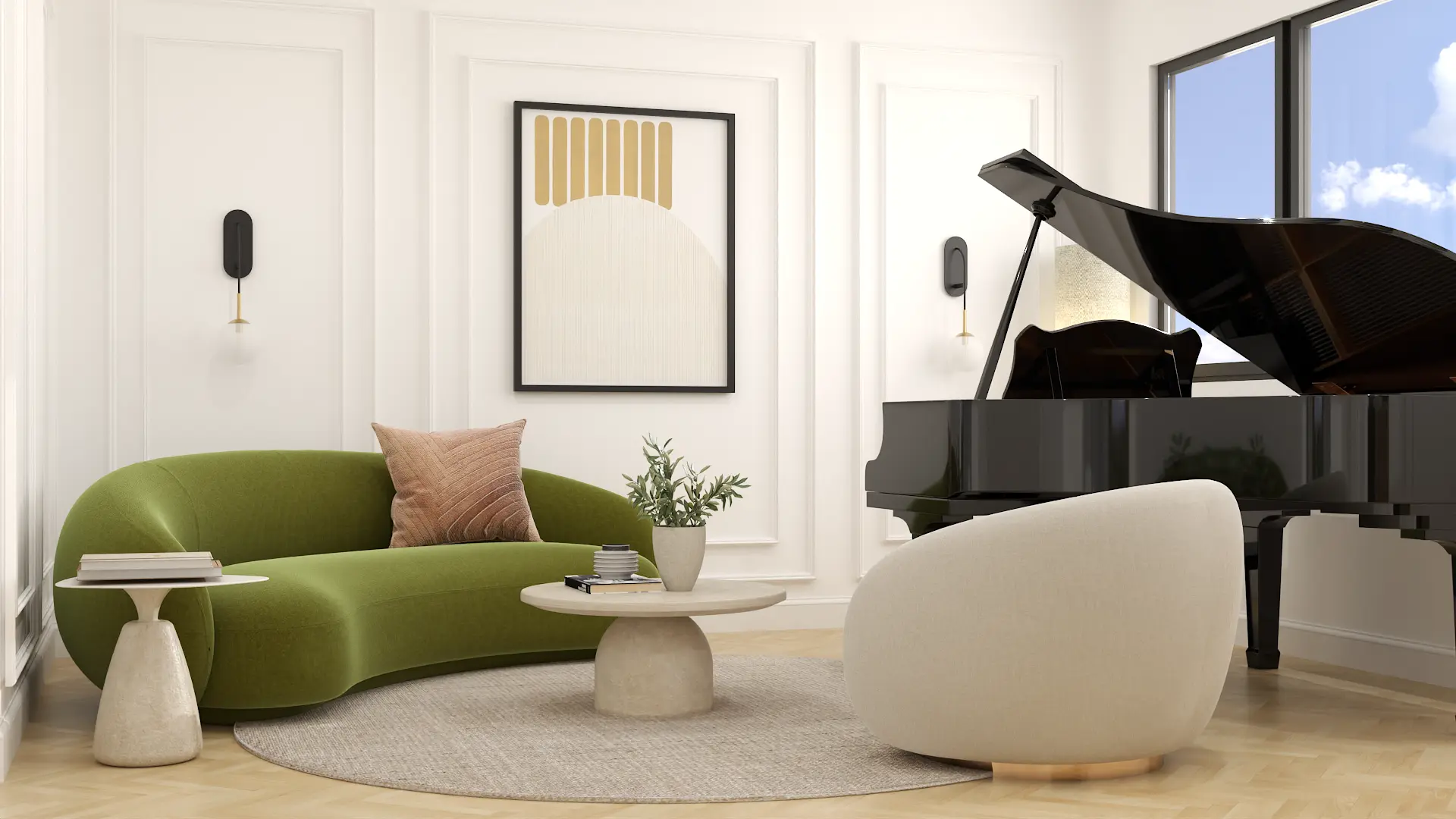 A stylish recreational room with a grand piano, a green sofa, a modern white armchair, and a minimalist coffee table. Wall art and sconces add to the sophisticated ambiance. Design by Debora, an online interior design service.