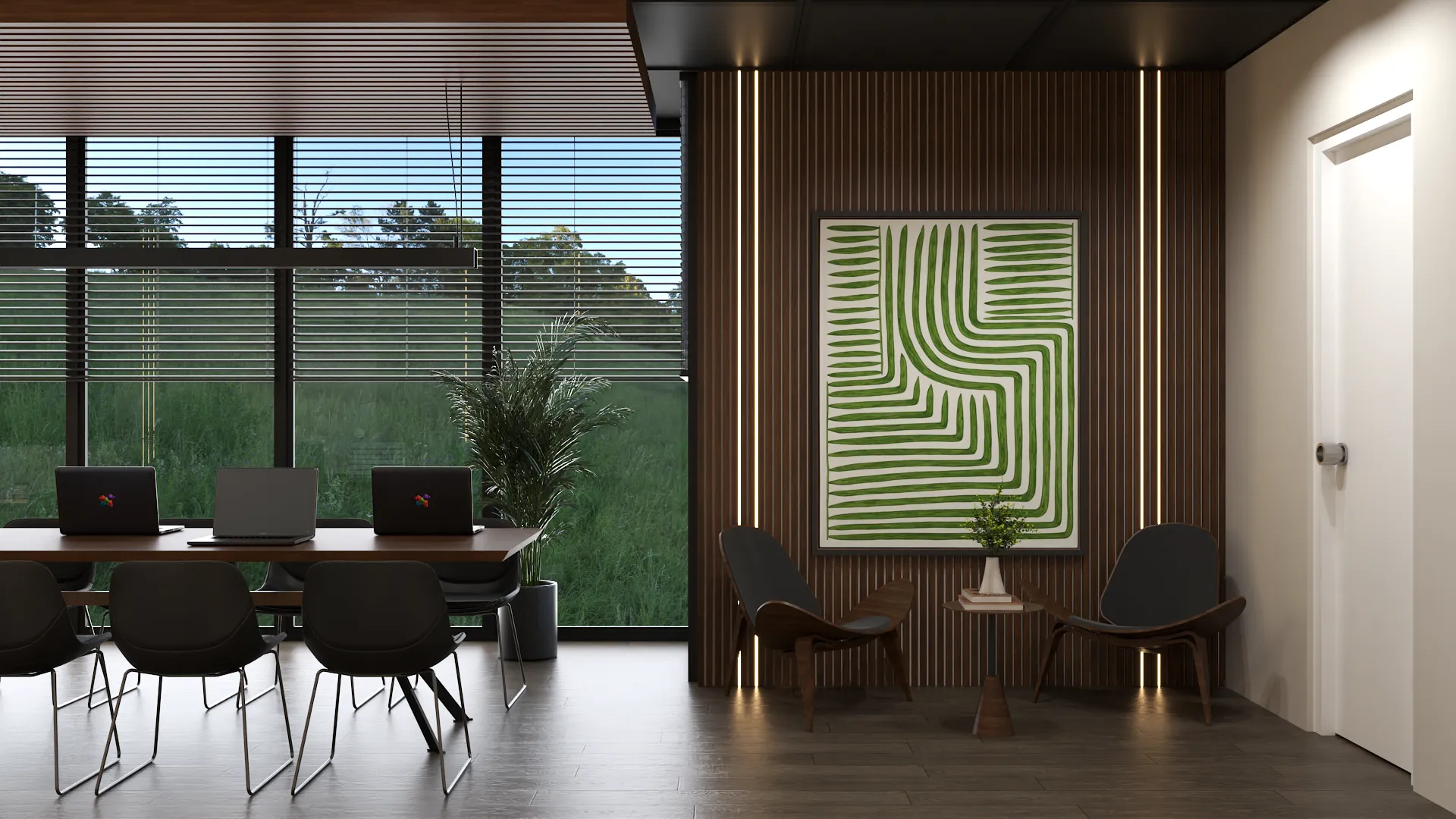 A contemporary office with striking green artwork, modern furniture, and large windows that allow for ample natural light. The design is both inspiring and vibrant. Design by Debora, an online interior design service.