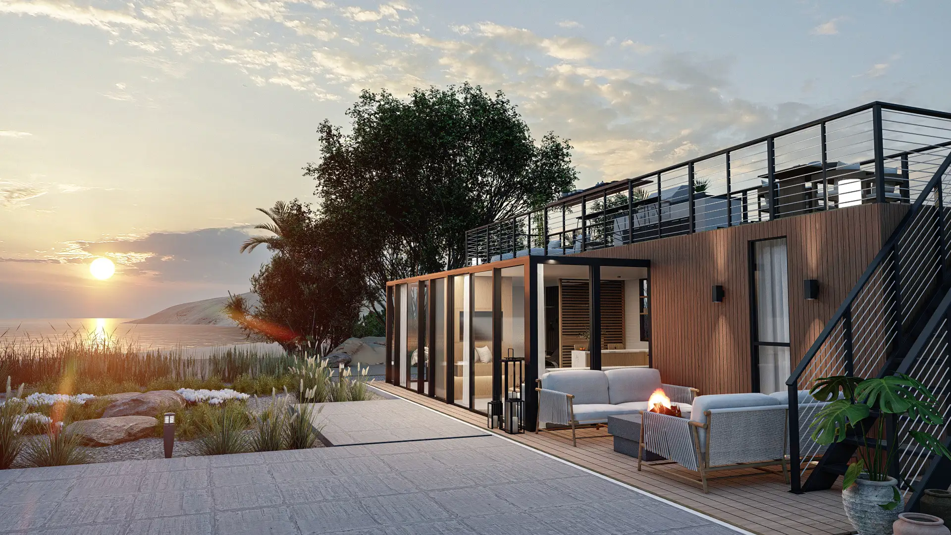 A coastal home with a rooftop deck, ideal for enjoying sunset views. The home features a wood-paneled exterior that harmonizes with the natural beach environment. Design by Debora, an online interior design service.