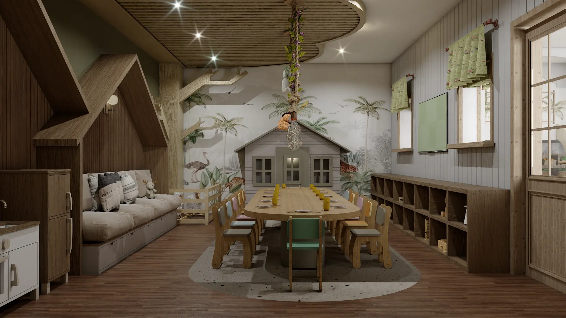 Children's dining area resembling a treehouse with wooden furniture and playful jungle motifs, designed by Debora, an online interior design service based in New York City.