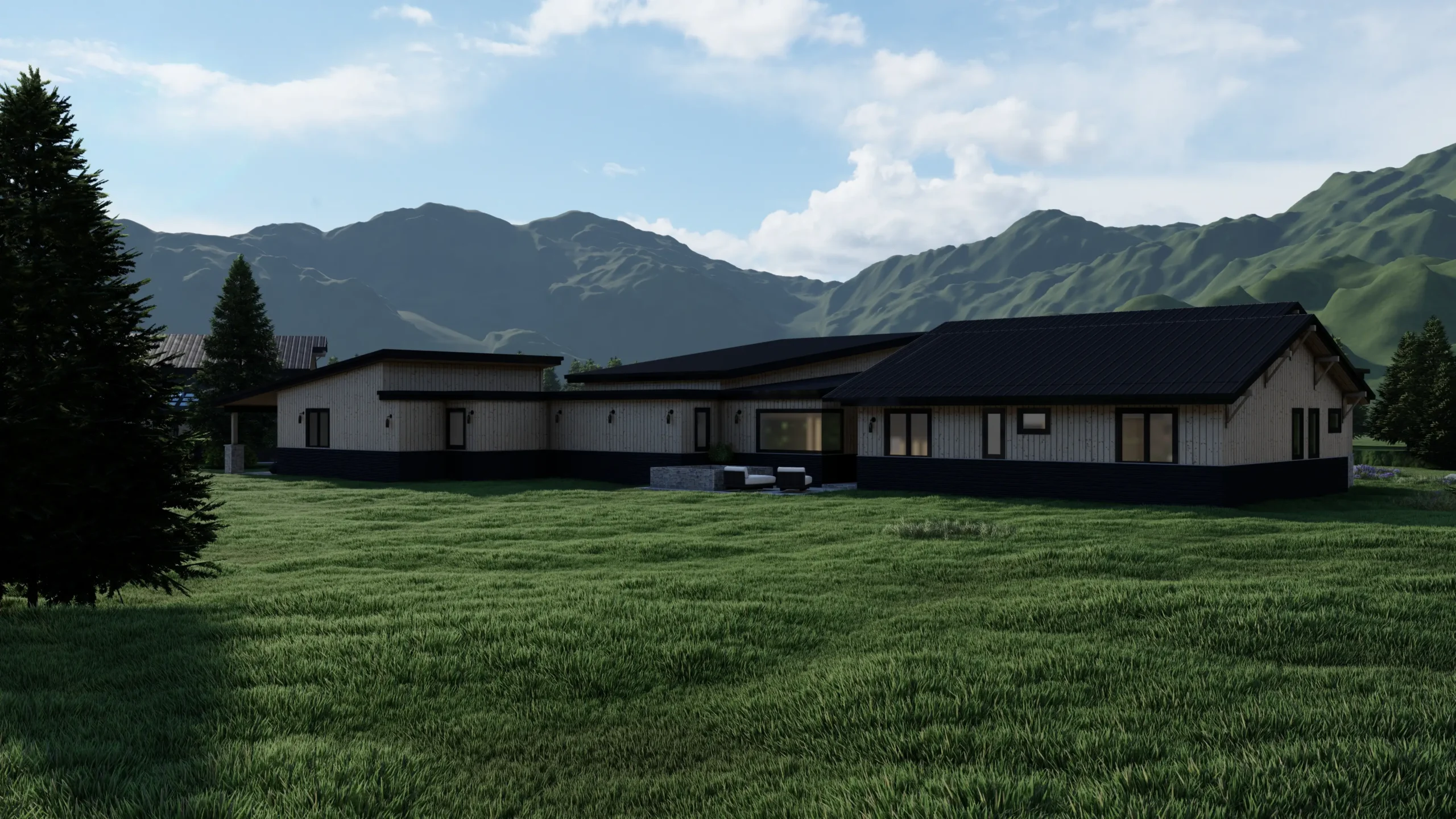 A contemporary home with a sleek design and large windows, offering stunning mountain views. The design creates a harmonious living space that embraces the natural beauty of the surroundings. Design by Debora, an online interior design service.