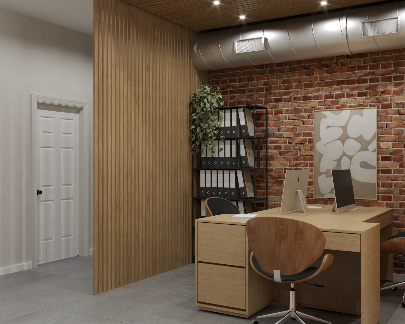 Contemporary home office with wood accents and natural lighting, creating a perfect blend of style and function, designed by Debora in New York City.
