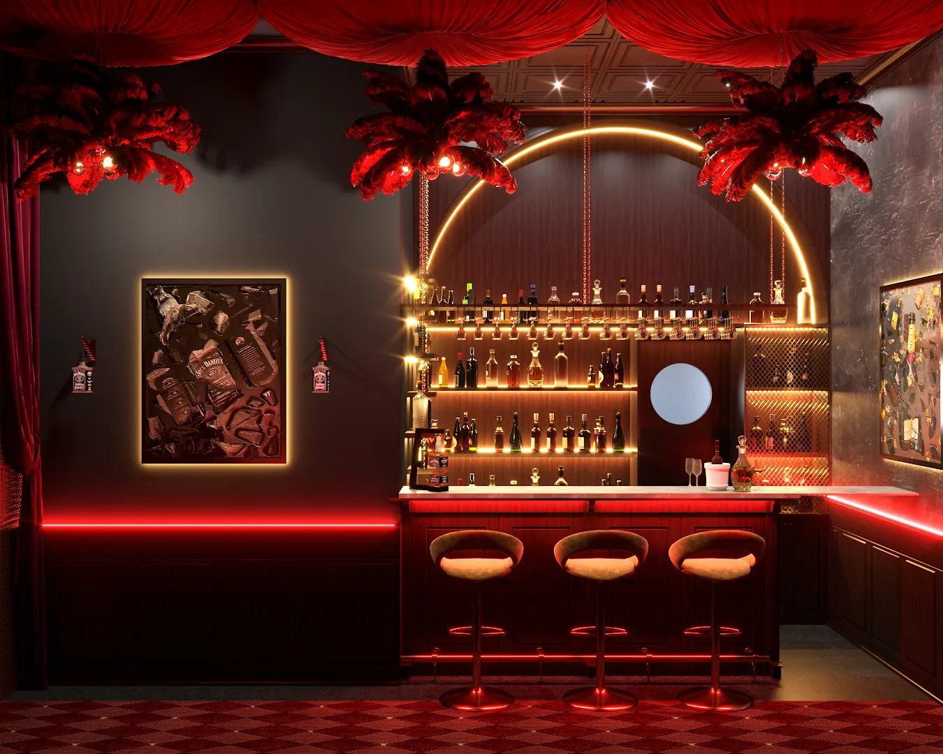 A luxurious bar with rich decor, ambient lighting, and a sophisticated atmosphere. The design includes a well-stocked bar, comfortable seating, and stylish details. Design by Debora, an online interior design service.