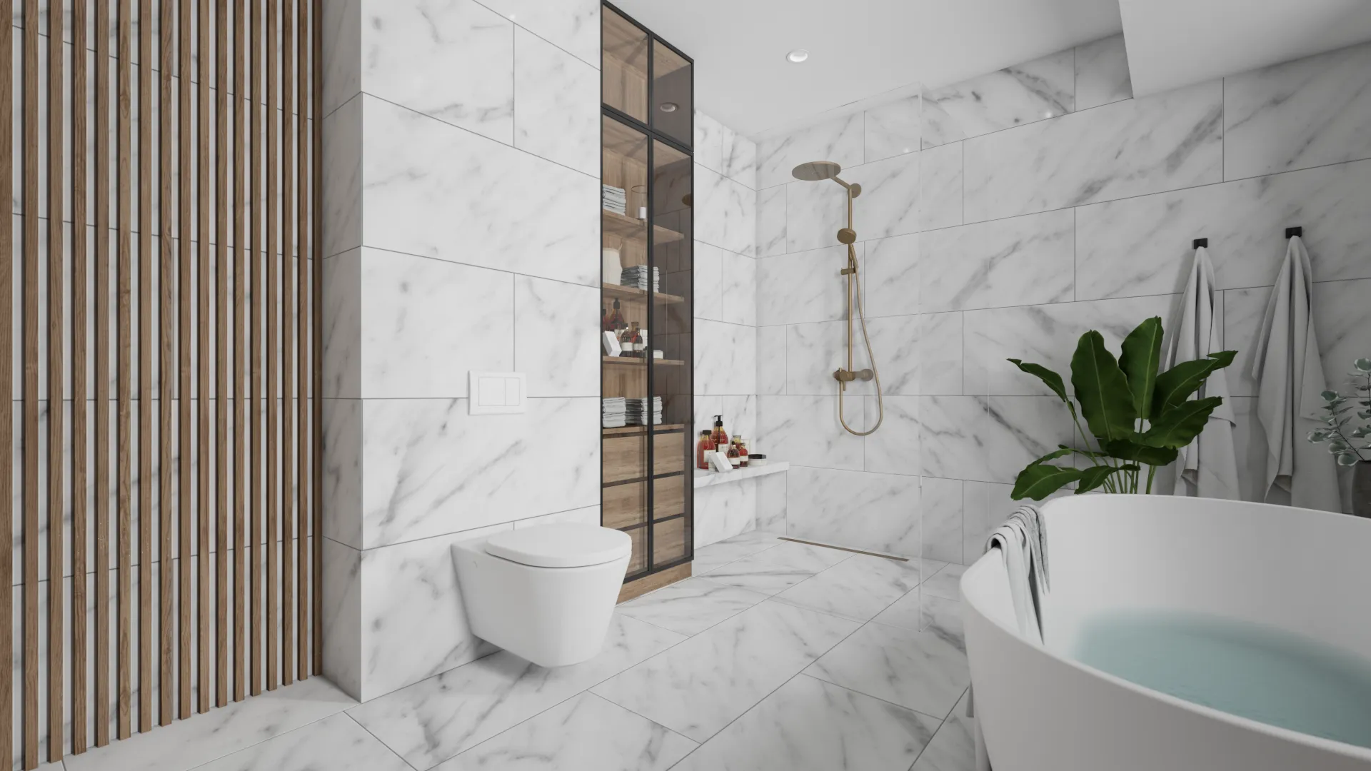 Luxurious bathroom with marble walls, wooden slats, and gold fixtures, exuding elegance and sophistication. Design by Debora, an online interior design service.