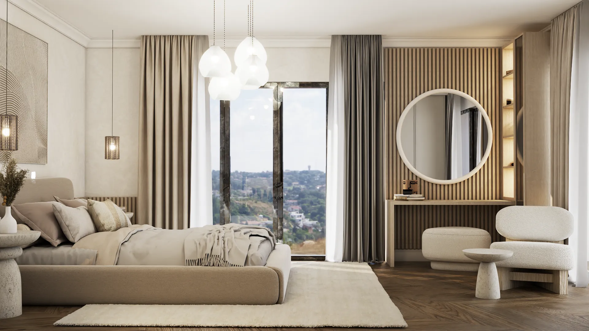 Luxurious bedroom with expansive panoramic views, elegant decor, and contemporary furnishings, providing a serene urban escape. Design by Debora, an online interior design service.