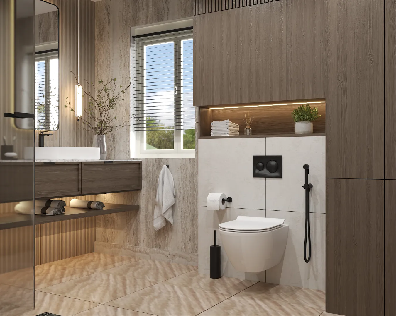Modern rustic bathroom design featuring sleek wooden cabinetry, contemporary wall-hung toilet, and black fixtures, highlighted by natural light and minimalist decor. Design by Debora, an online interior design service.