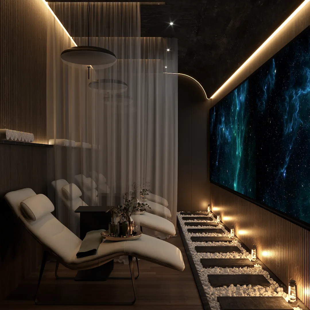 Tranquil spa room with a cosmic ambiance, featuring soft lighting and celestial decor, designed by Debora, an online interior design service based in New York City.