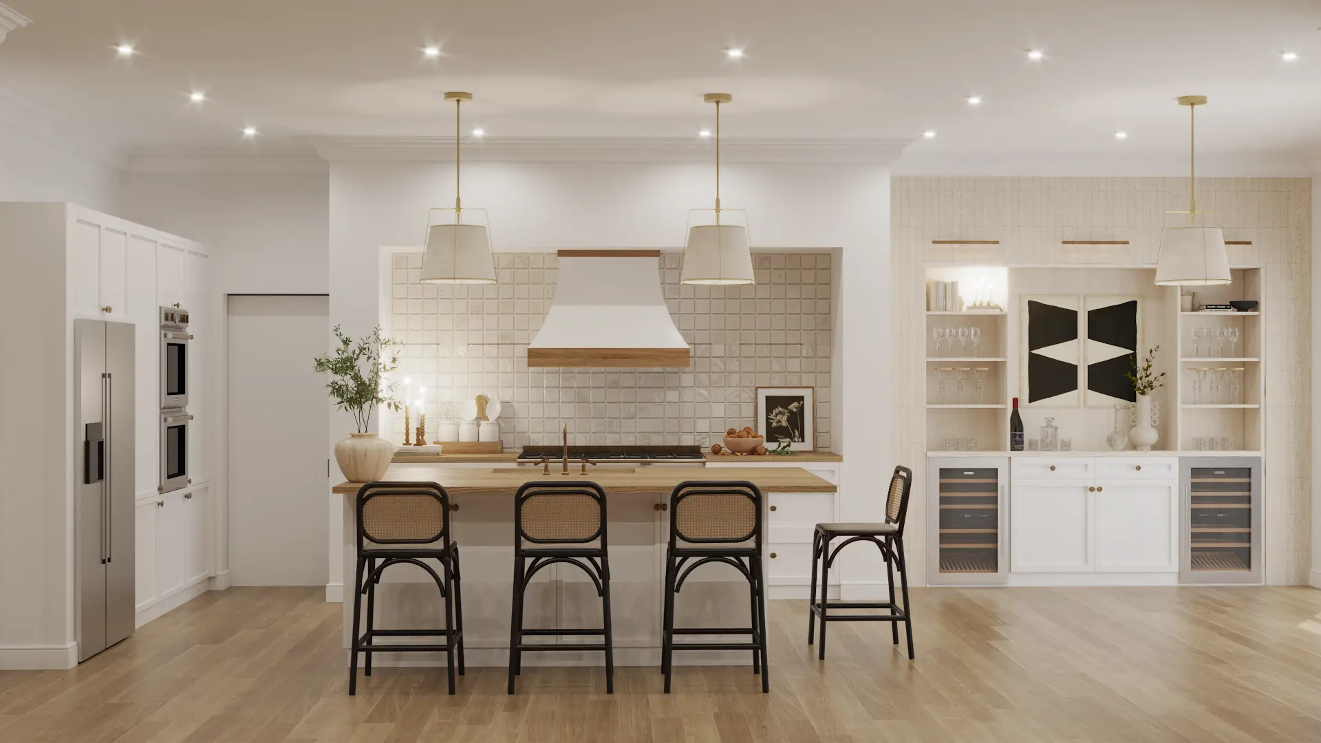 Elegant kitchen with a classic design and a subtle color palette, offering a refined culinary experience. Design by Debora, an online interior design service based in New York City.