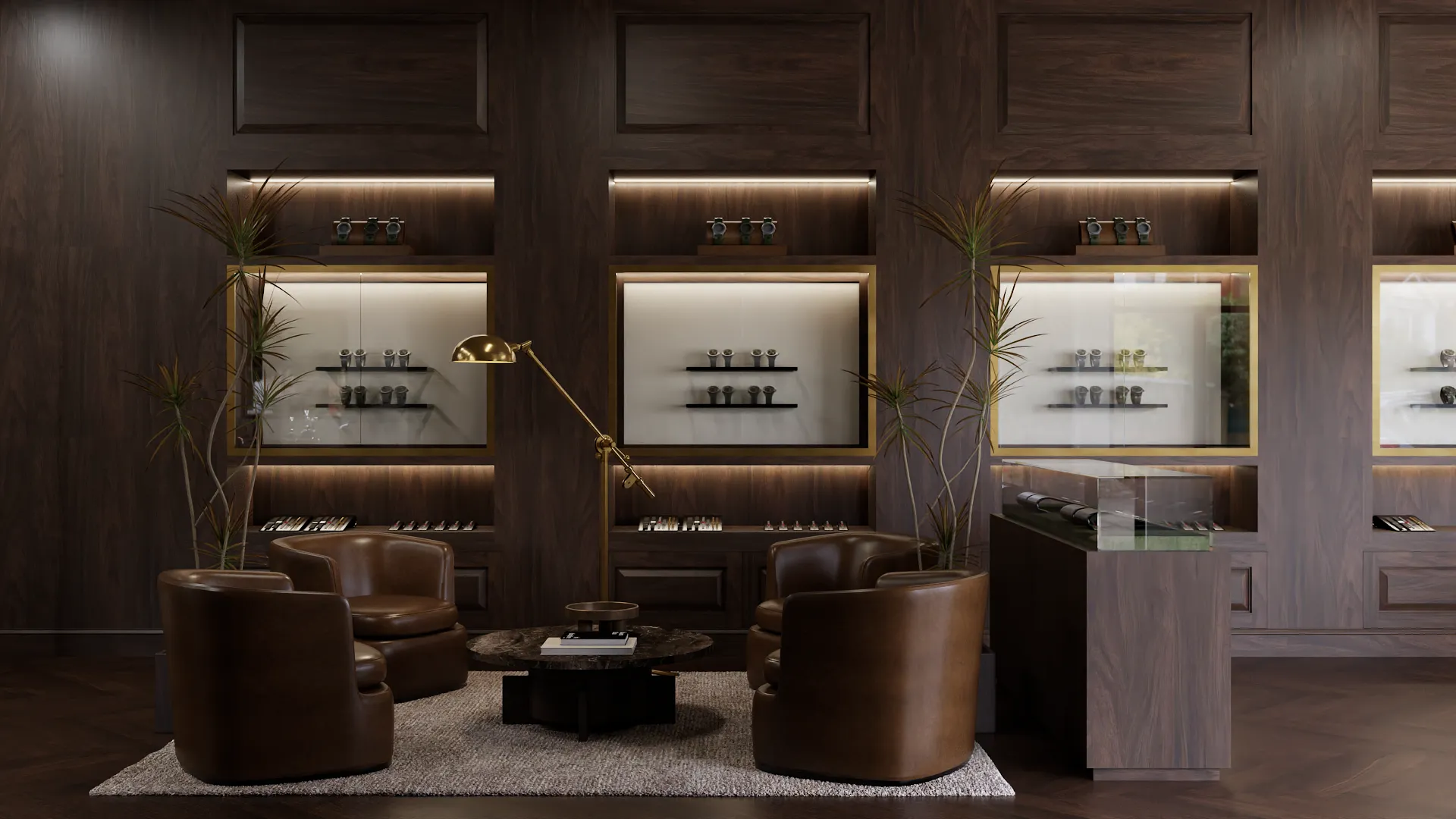 Elegant lounge area with rich wood shelving and leather seating, warmly lit for a cozy ambiance, designed by Debora, an online interior design service based in New York City.