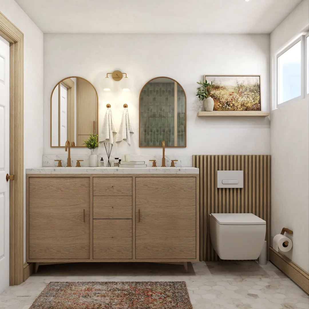 bathroom featuring a natural wooden vanity, eclectic arch-shaped mirrors, and a vertical wooden wall panel, enhancing the room's unique style and functionality. Design by Debora, an online interior design service.