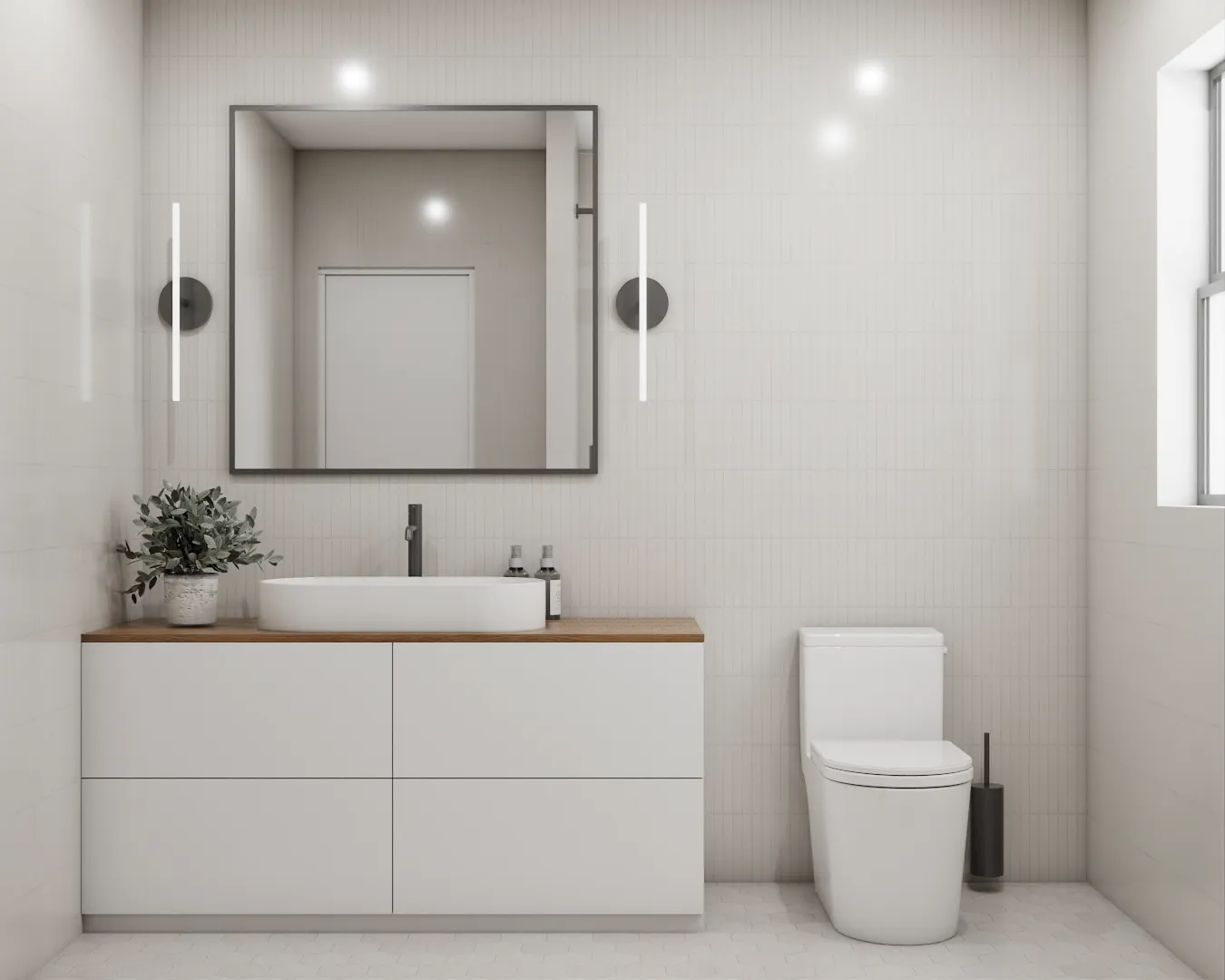 Modern bathroom featuring a white rectangular vanity, large mirror, and subtle wall sconces, enhancing a clean and minimalist aesthetic. Design by Debora, an online interior design service.
