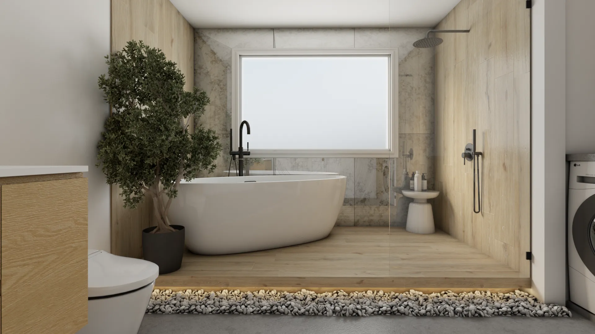 Spa-inspired bathroom with natural wood finishes and a freestanding bathtub, offering a peaceful, relaxing environment. Design by Debora, an online interior design service.