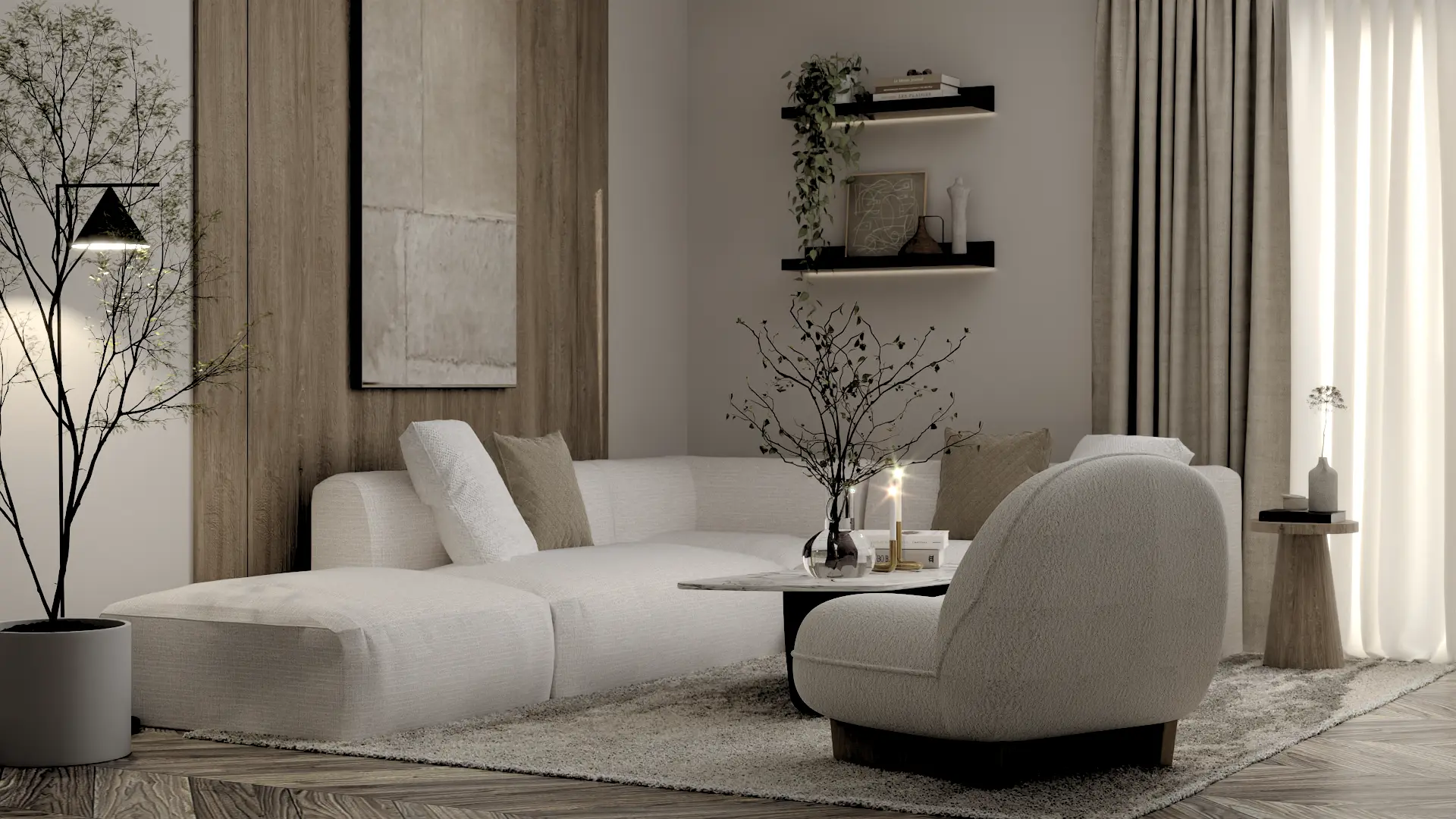 Minimalist living room with sleek white furnishings, clean lines, and a neutral color scheme, creating a tranquil space for relaxation. Design by Debora, an online interior design service.