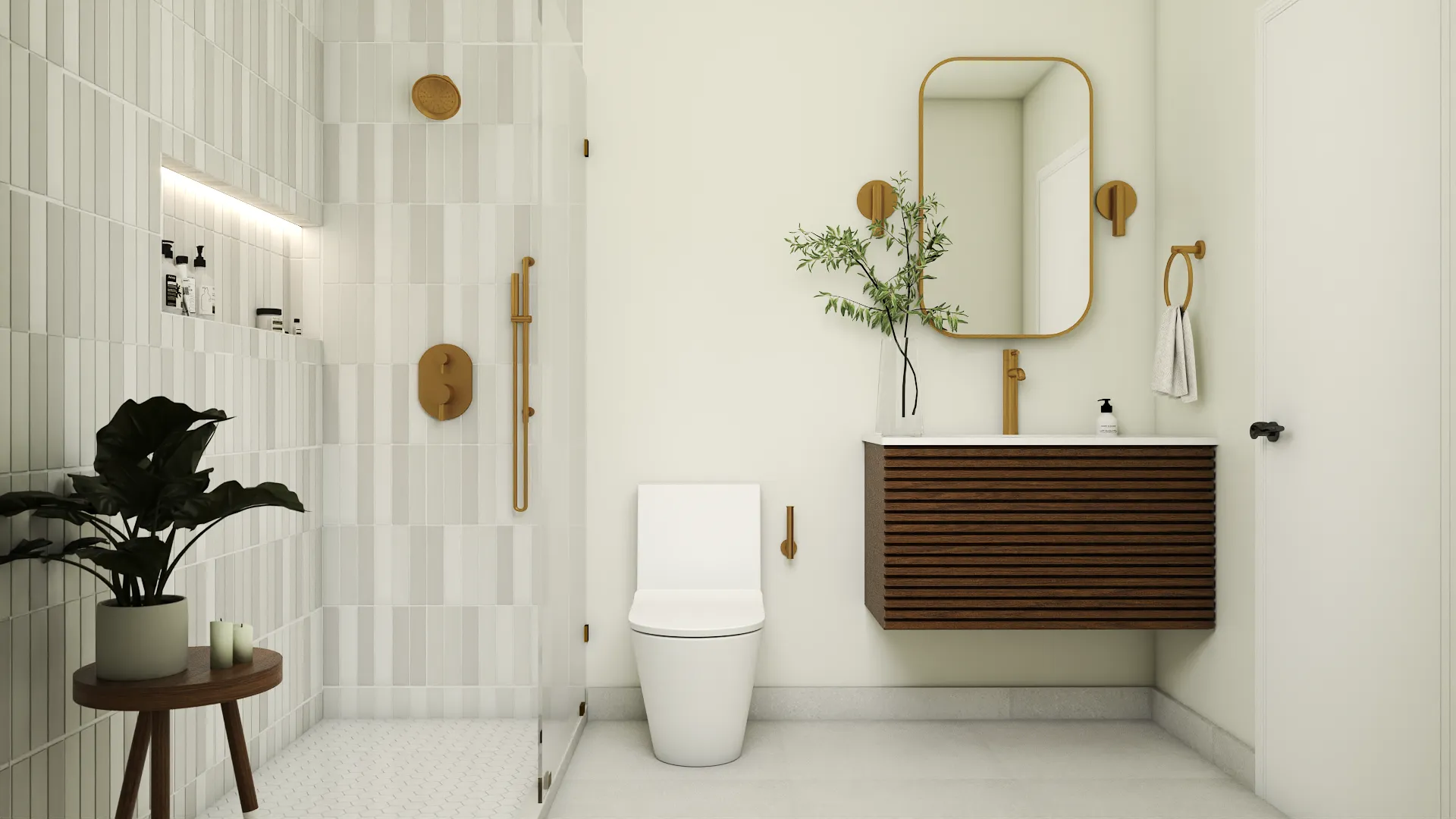 Serene minimalist bathroom featuring sleek white tiles, wooden vanity, and refreshing greenery, creating a peaceful and clean atmosphere. Design by Debora, an online interior design service.