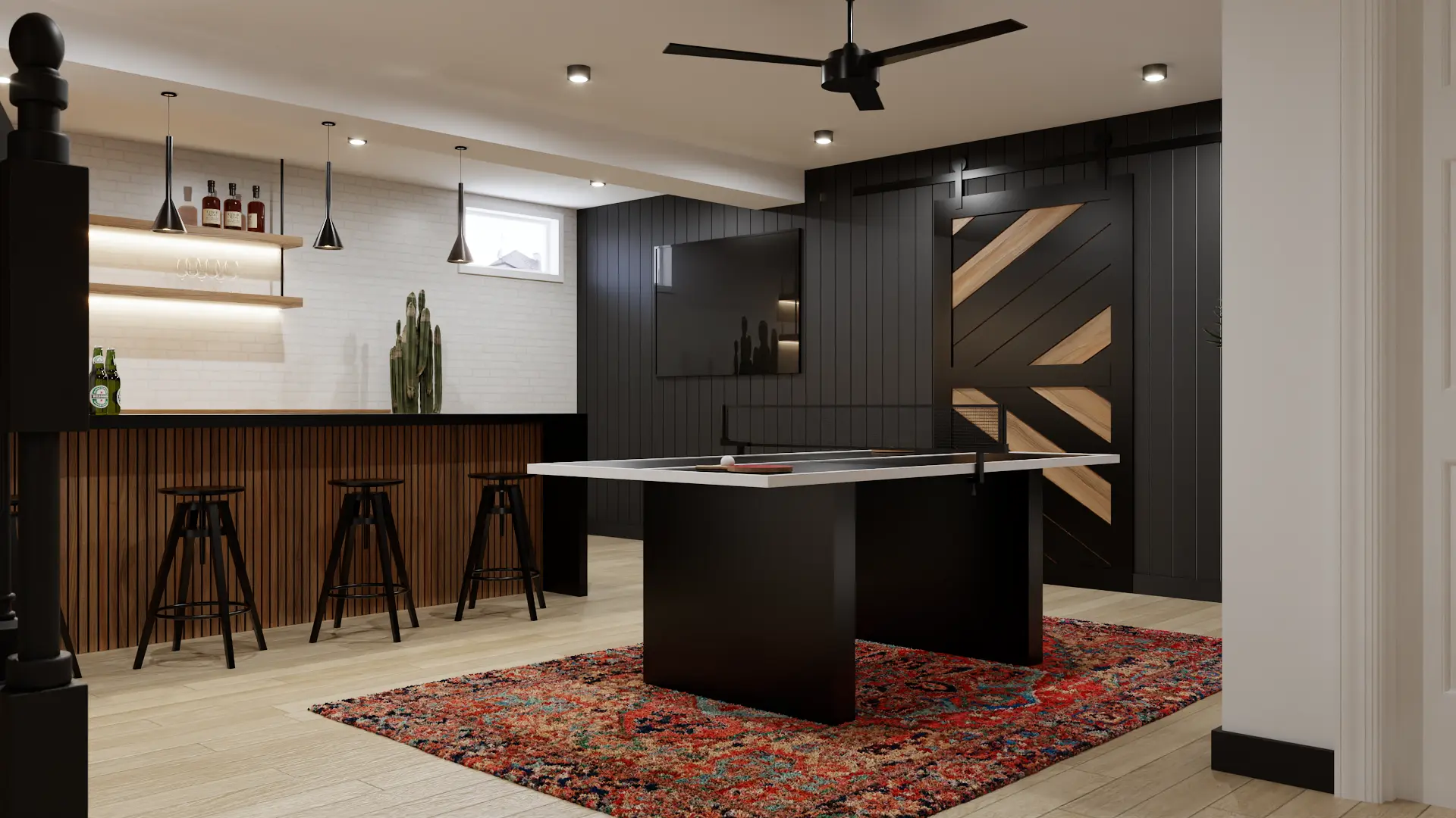 A modern game room with a sleek ping pong table, stylish bar with pendant lights, and a vibrant rug. The dark paneling and geometric design elements add to the sophisticated ambiance. Design by Debora, an online interior design service.