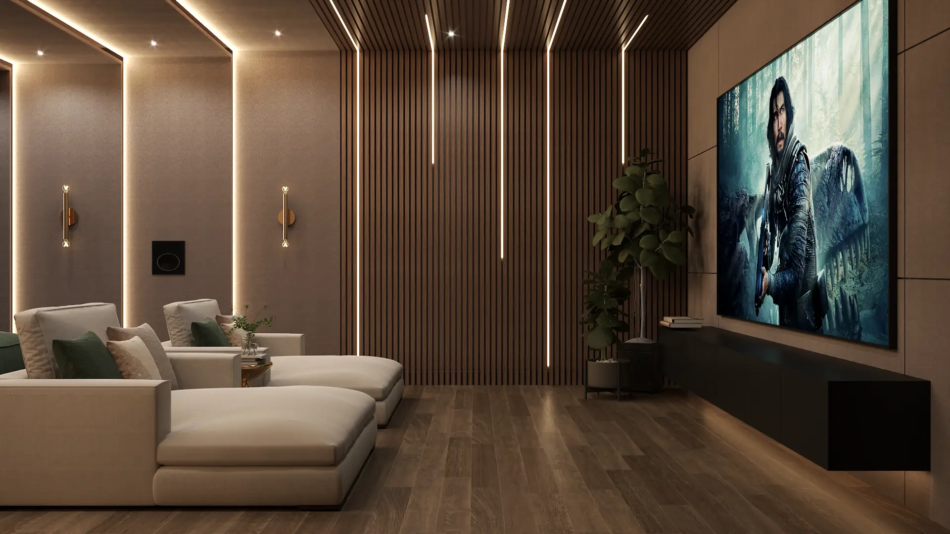 An elegant home theater with a large screen, cozy seating, and wood accent walls. The space is enhanced by vertical lighting and greenery, creating a luxurious and comfortable ambiance. Design by Debora, an online interior design service.