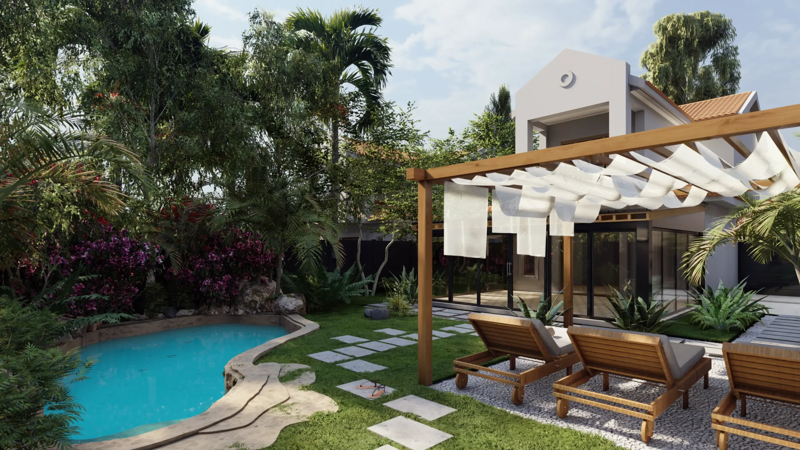 A serene backyard with a pool and a stylish pergola, complemented by lush greenery. This tranquil space was designed to provide a peaceful retreat for the homeowners. Design by Debora, an online interior design service.