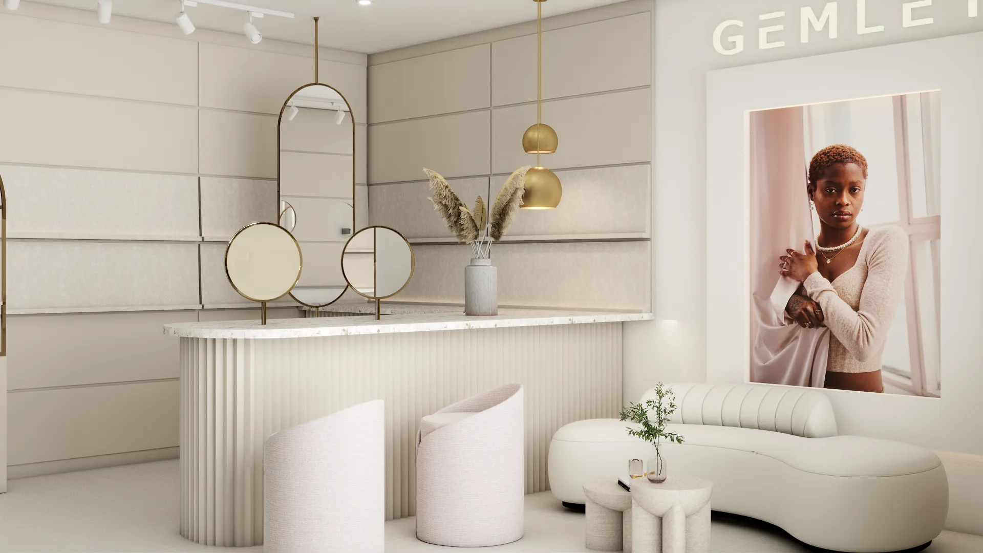 A minimalist bar area with elegant decor, featuring modern lighting fixtures, a sleek counter, and soft seating. The neutral color palette and stylish design create a chic and inviting atmosphere. Design by Debora, an online interior design service.
