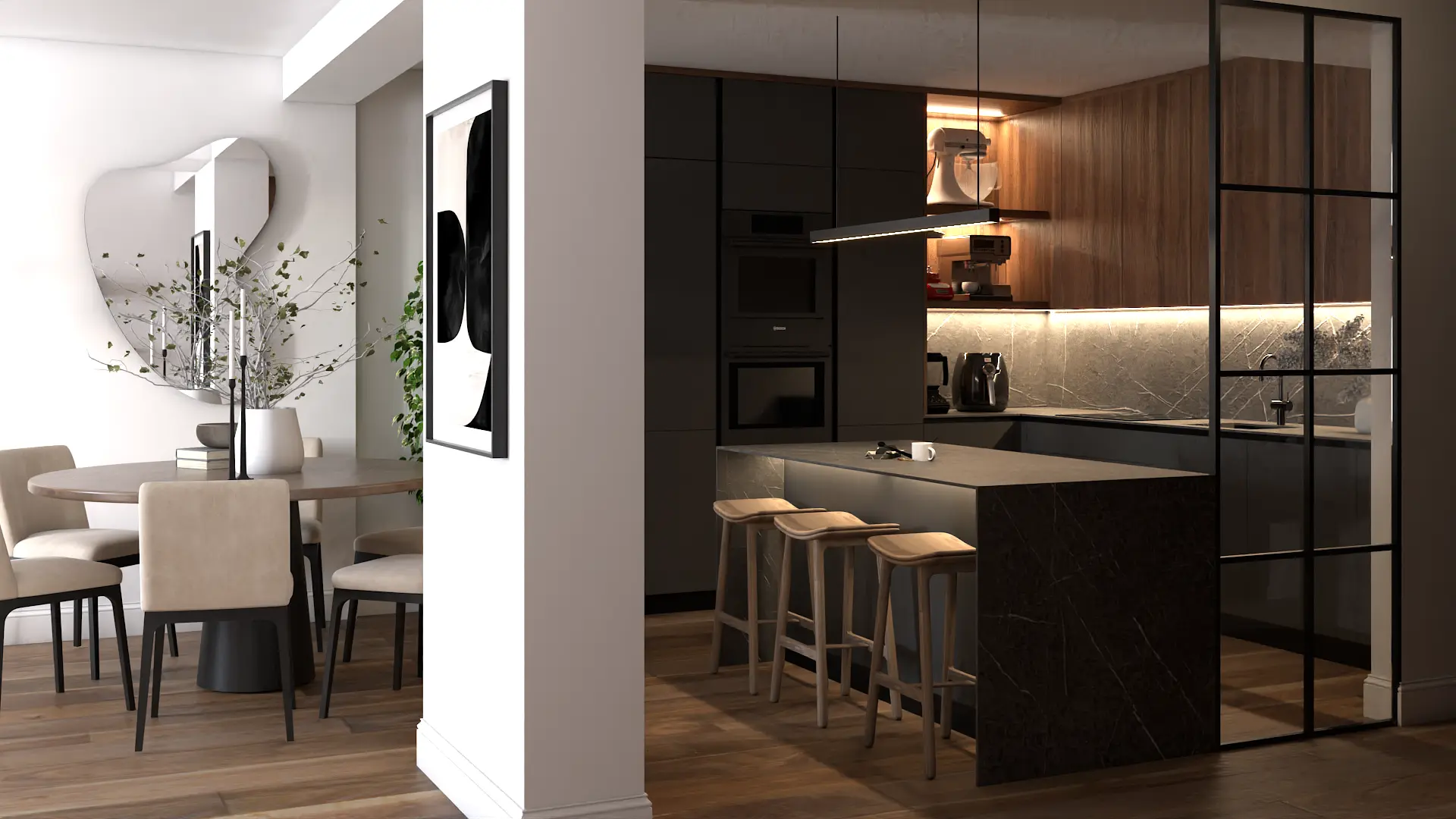 Dark-toned kitchen with an open layout and elegant wood accents, meticulously crafted by Debora, an online interior design service based in New York City.