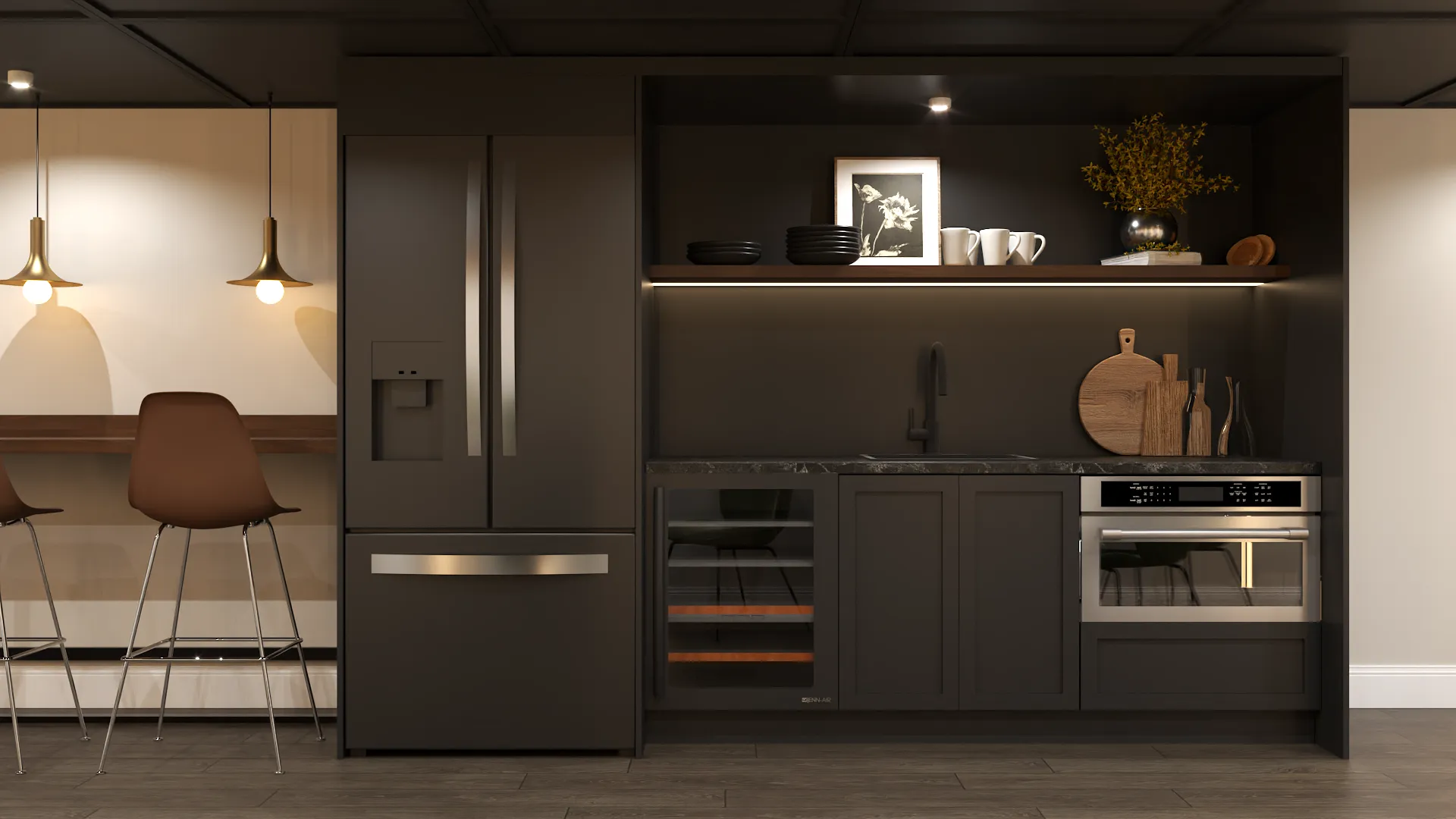 Contemporary kitchen with dark cabinetry and wooden details, featuring integrated appliances for a clean, modern look. Design by Debora, based in New York.