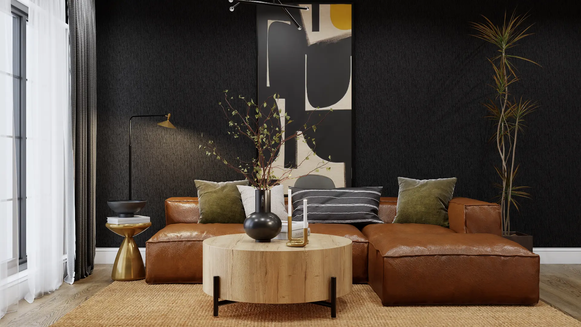 Contemporary living room with abstract art and rich leather seating, emphasizing modern design and comfort. Designed by Debora's online service.