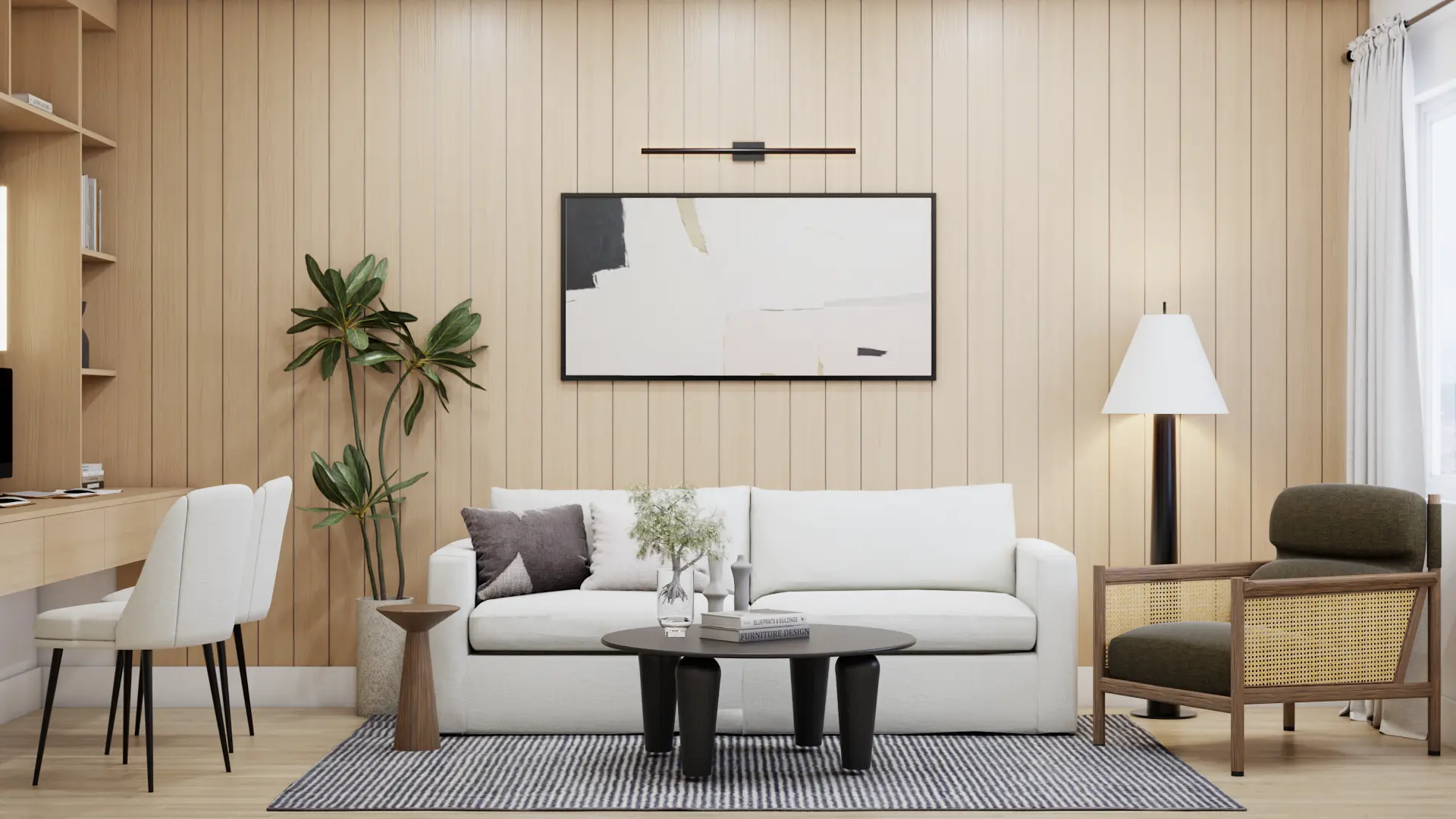 Minimalist living room with sleek white sofa and abstract artwork, set against a wooden panel backdrop. Interior design by Debora, enhancing spaces with art.