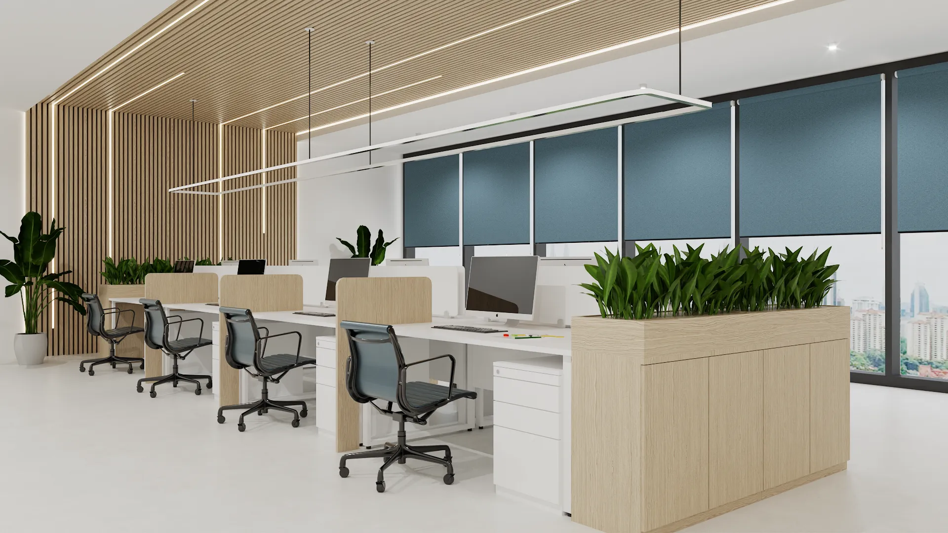 A modern office space with workstations, ergonomic chairs, and plenty of indoor plants. The design features natural wood accents and a clean, organized layout. Design by Debora, an online interior design service.