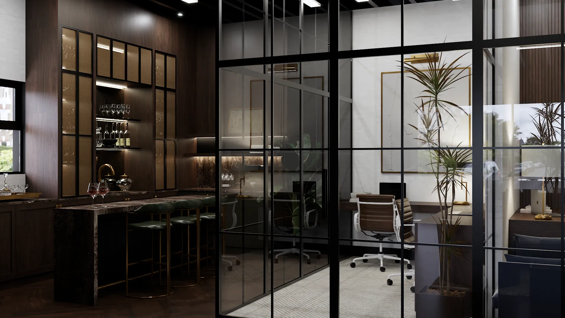 A sleek office space with glass partitions, modern furniture, and sophisticated lighting. The design exudes professionalism and style, ideal for a productive work environment. Design by Debora, an online interior design service.