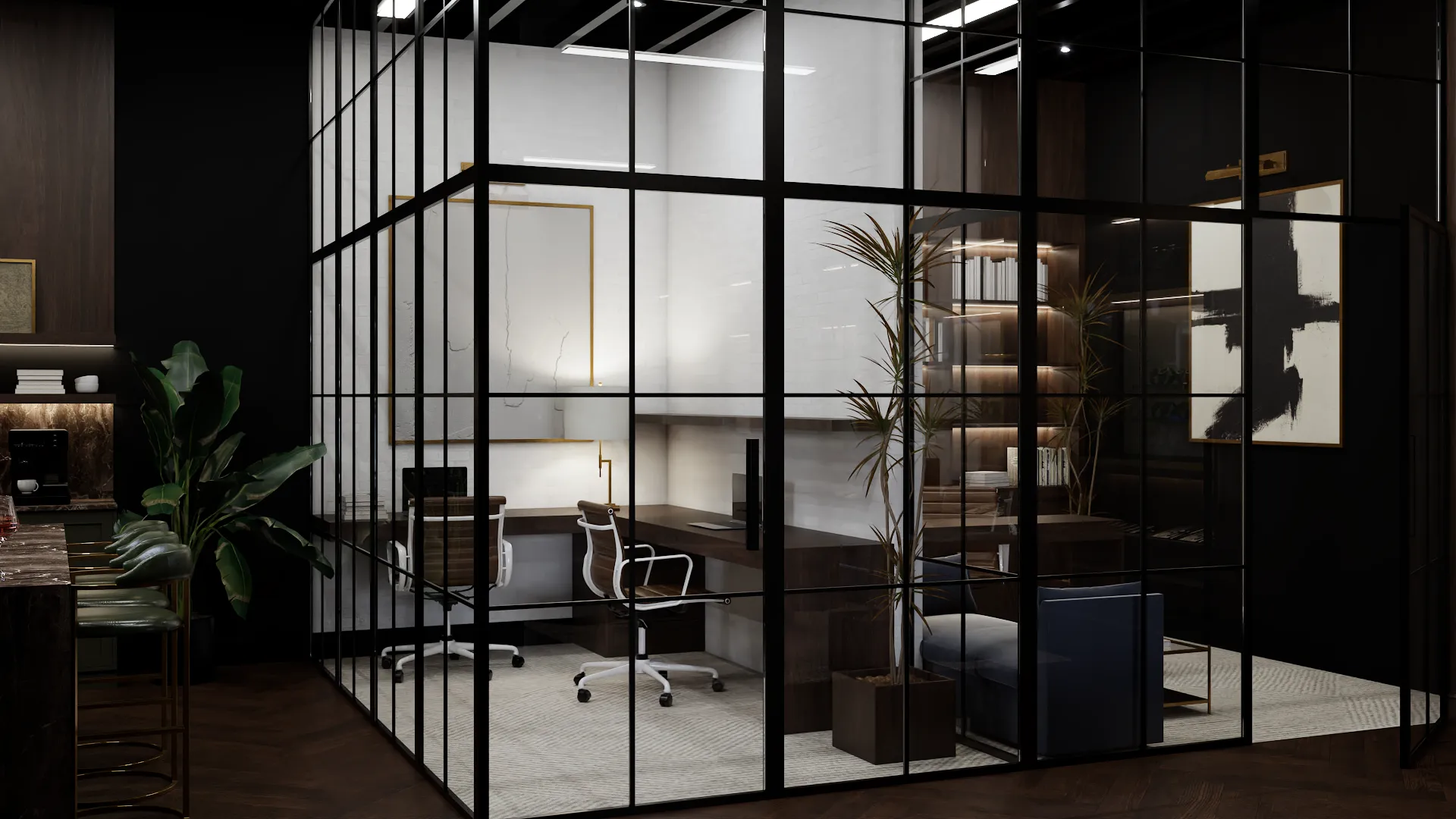Modern office with glass partitions and sleek furnishings, promoting a blend of style and functionality, designed by Debora, an online interior design service based in New York City.