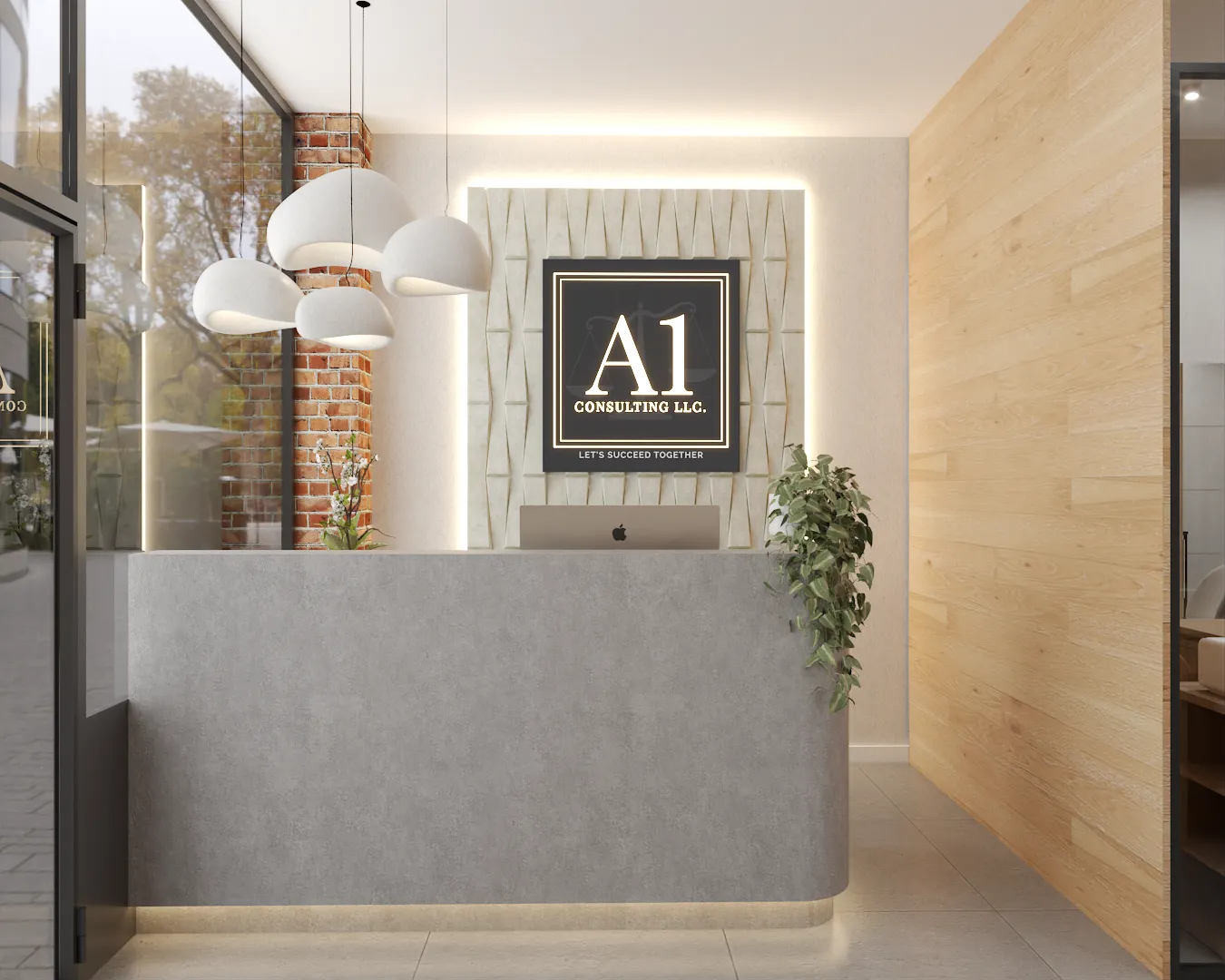 A modern reception area with a sleek counter, stylish lighting, and a branded "A1 Consulting LLC" sign. The design includes natural elements and creates a professional and welcoming atmosphere. Design by Debora, an online interior design service.