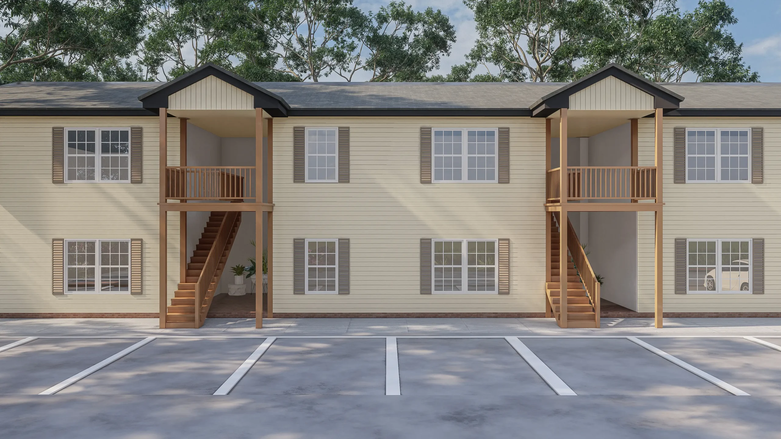 Modern Residential Building with Tree-Lined Surroundings