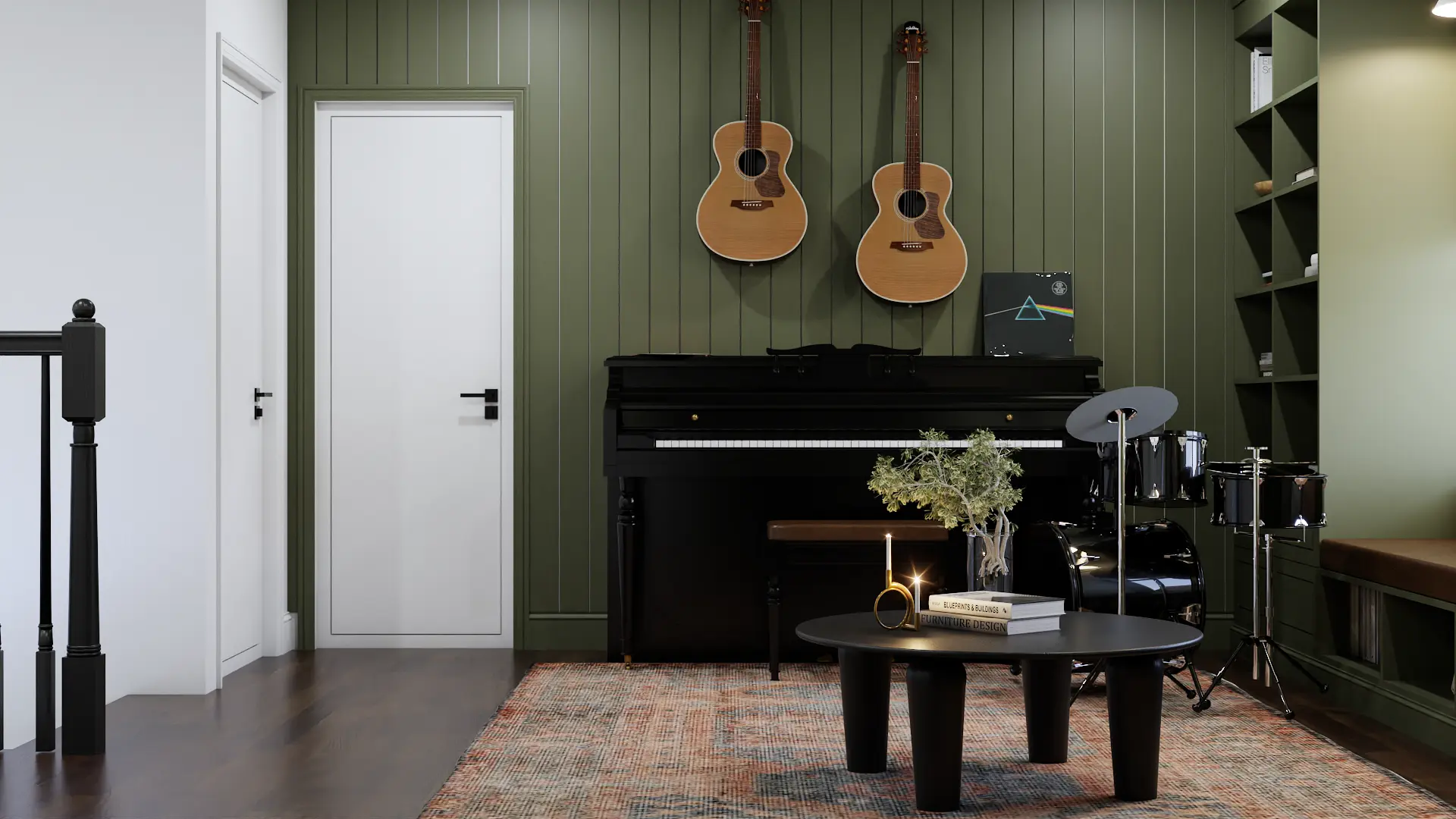A modern music room with green walls, a black piano, and two hanging guitars. The room includes a cozy seating area and soft lighting, perfect for musical creativity. Design by Debora, an online interior design service.
