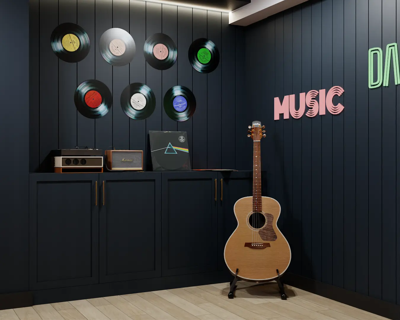 A chic music room with a record display on a navy wall, cozy seating area, and a guitar. The pink "MUSIC" sign adds a playful touch to the stylish space. Design by Debora, an online interior design service.