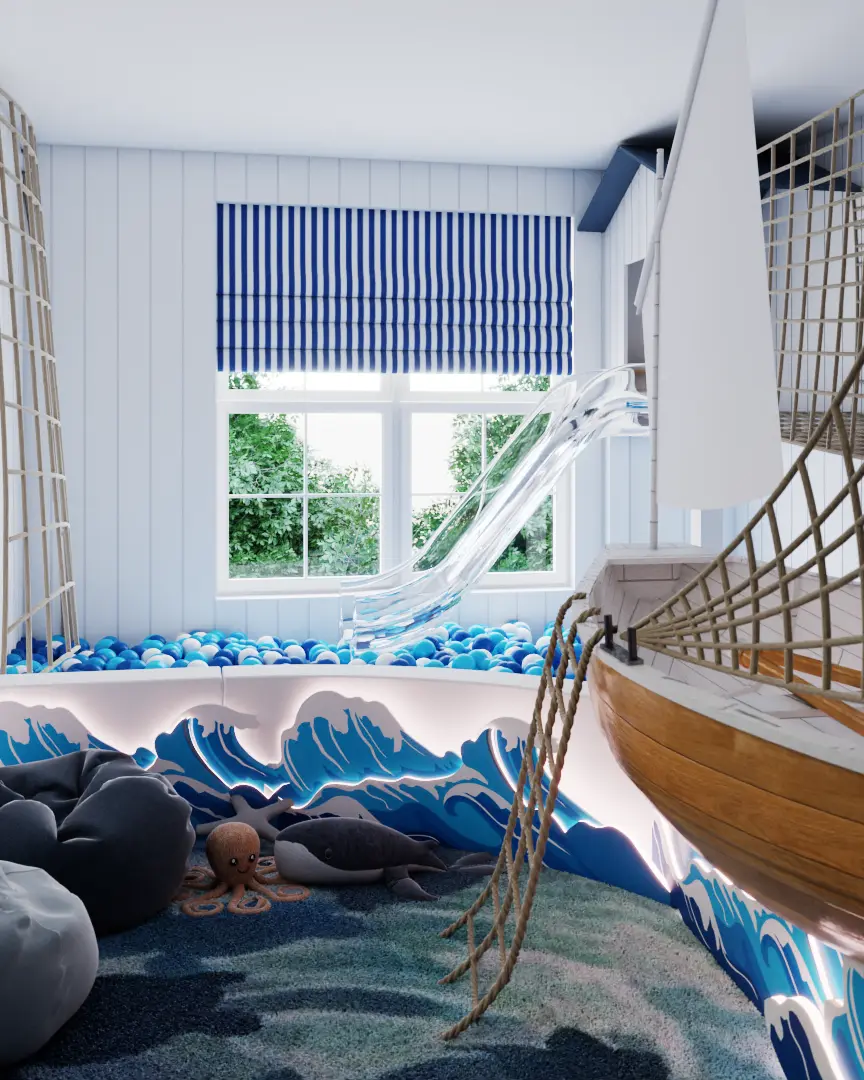 Nautical-Themed Kids Playroom with Ball Pit and Slide