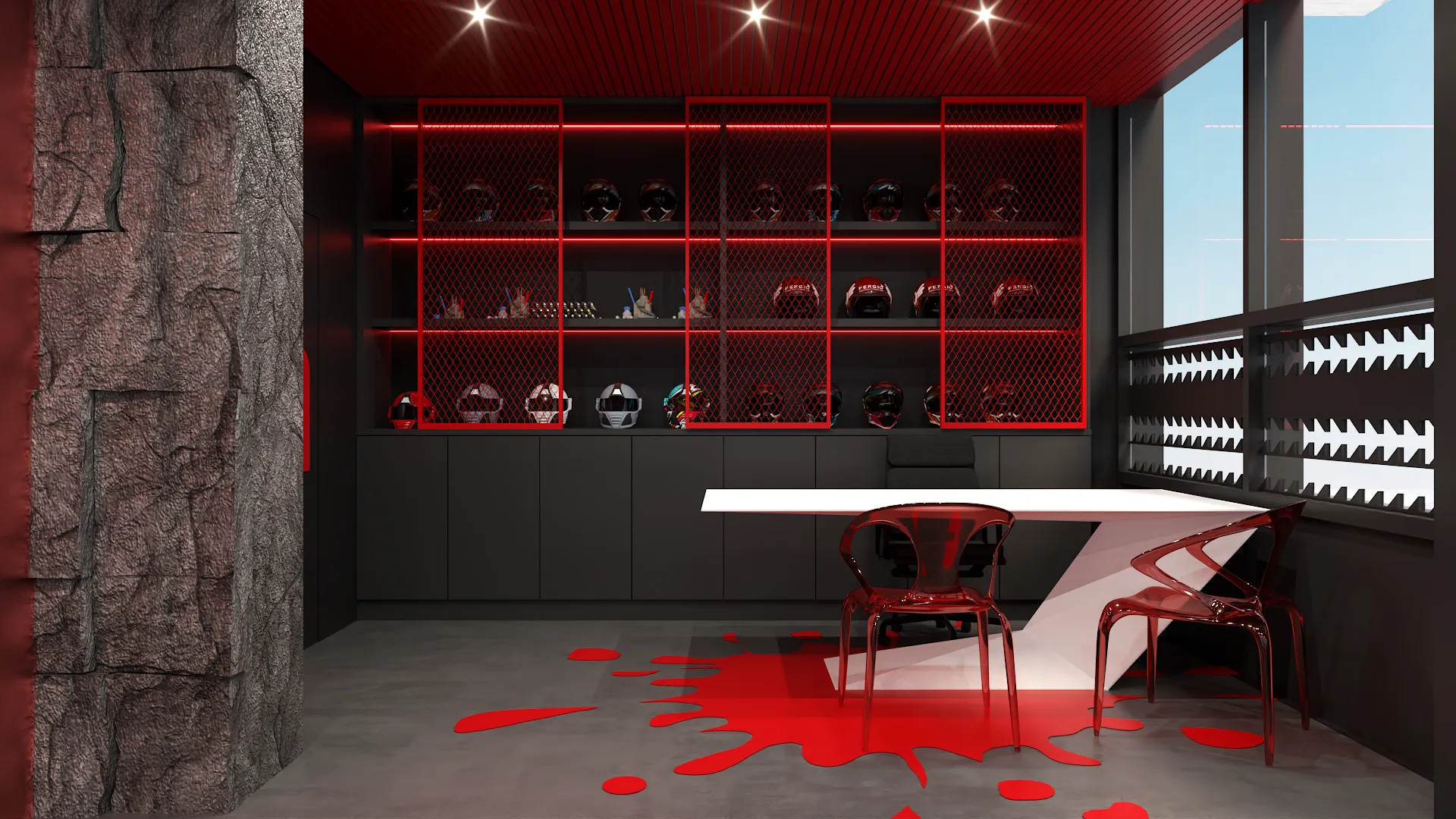 A bold office space with a red and black color scheme, showcasing modern furniture, a unique desk, and an artistic design on the floor and walls. The room is ideal for creative professionals seeking an inspiring work environment. Design by Debora, an online interior design service.