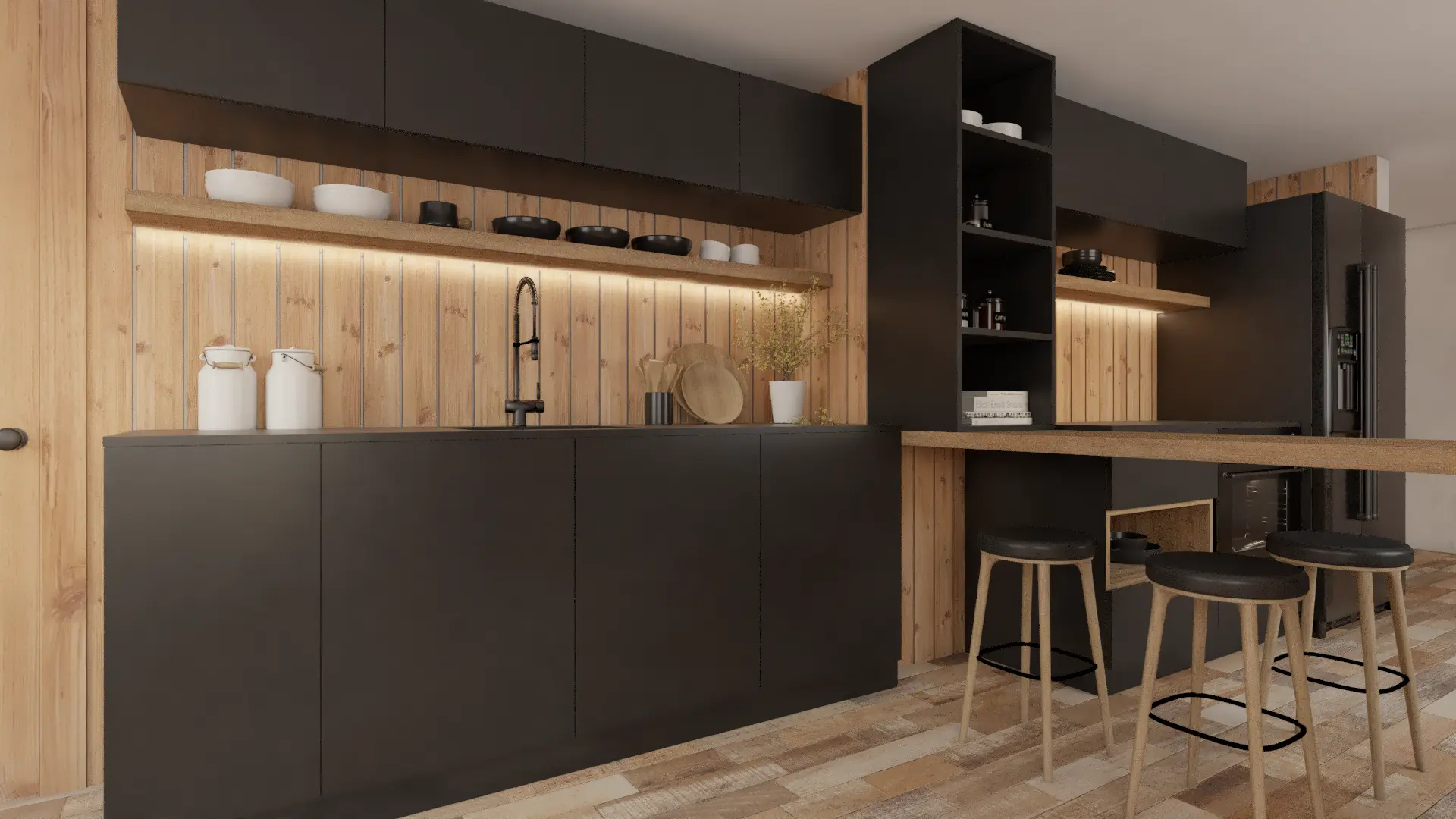 Modern kitchen featuring matte black cabinets contrasted with natural wood accents, designed for a sleek and sophisticated look. Design by Debora, based in New York.
