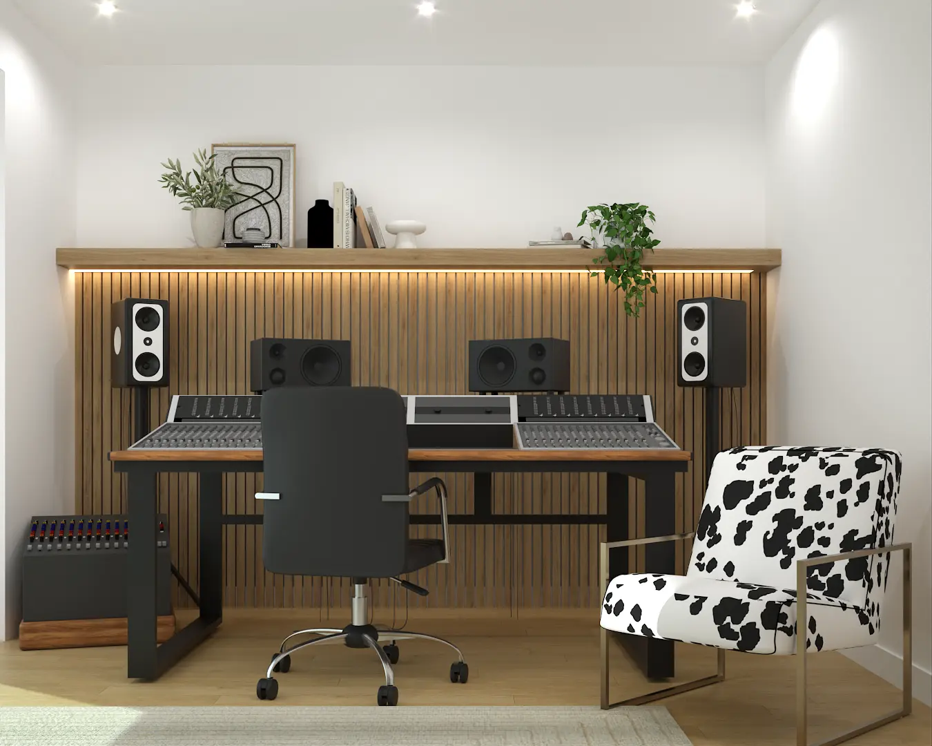 A modern recreational room featuring acoustic panels, a professional mixing desk, and a stylish black and white cow-print chair. Shelving holds decor and books, and soft lighting enhances the workspace. Design by Debora, an online interior design service.