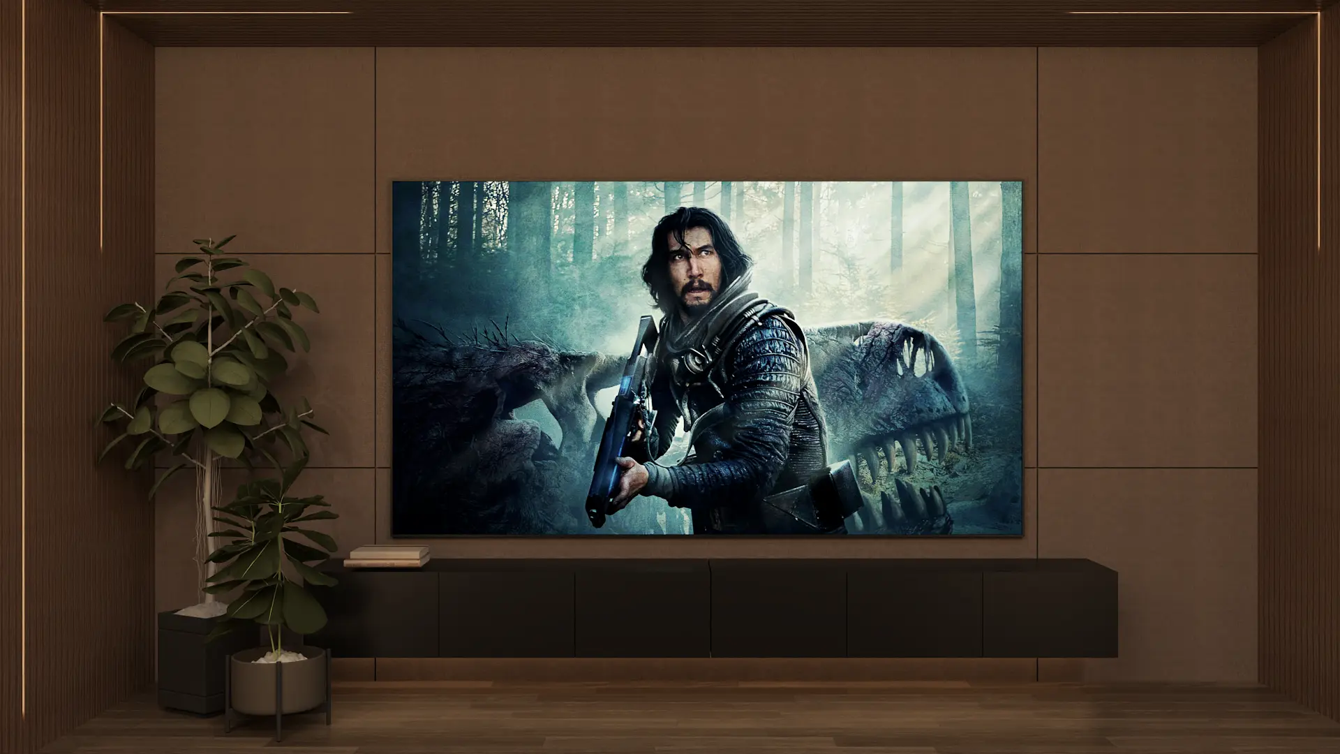 A modern home theater with a large screen displaying a movie scene, dark wood paneling, and minimalist decor. The sleek design creates a perfect setting for movie nights. Design by Debora, an online interior design service.