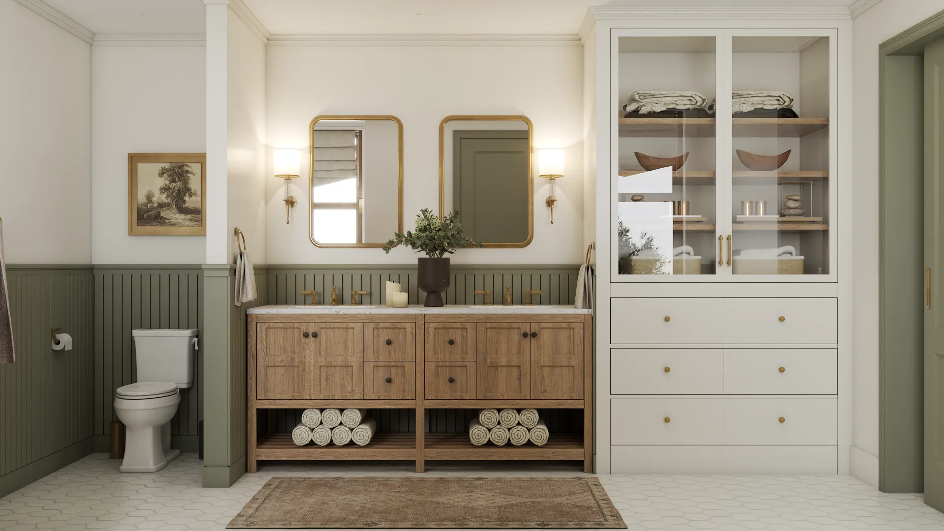 Vintage-inspired bathroom with dual wooden vanity, classic mirrors, and green wainscoting. Functional yet elegant design by Debora, an online interior design service.