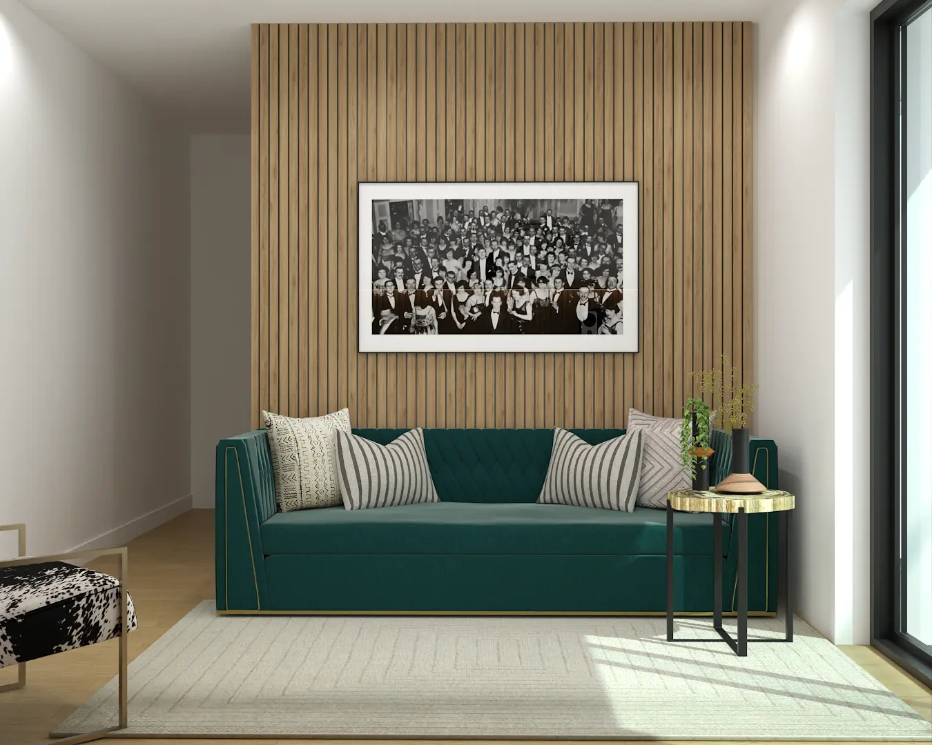 An elegant recreational area with a luxurious green sofa, a black and white photograph on a wooden slat wall, and a minimalist side table. The design combines comfort and chic style. Design by Debora, an online interior design service.