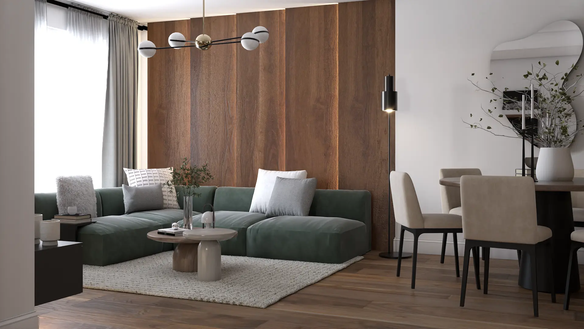 Contemporary living room with a lush green velvet sofa and wooden paneling, creating a chic and elegant space. Designed by Debora, an online interior design service.