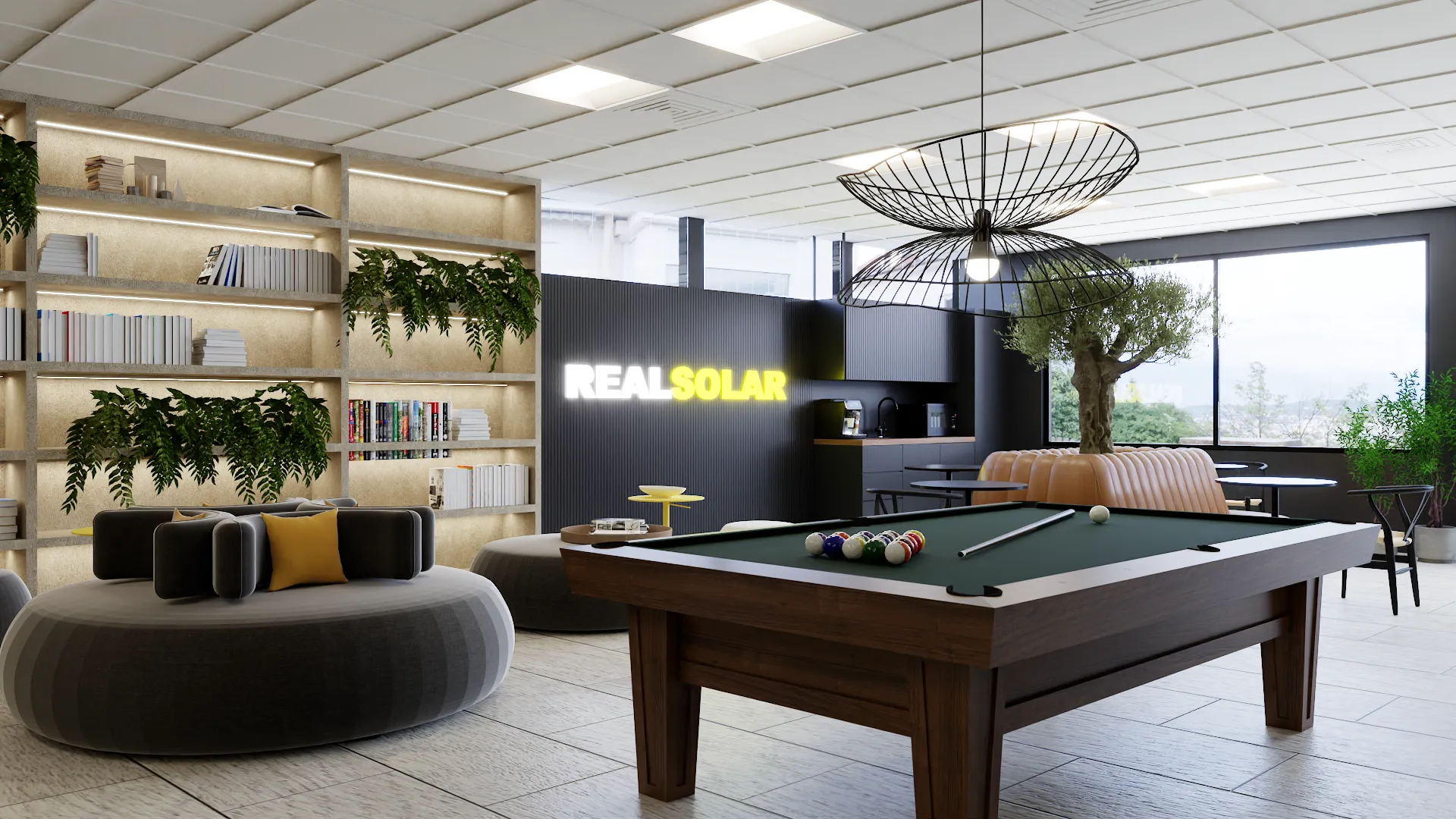 A modern game room with a pool table, comfortable seating, and a neon "REAL SOLAR" sign. The room is designed with contemporary furniture and a relaxing atmosphere. Design by Debora, an online interior design service.