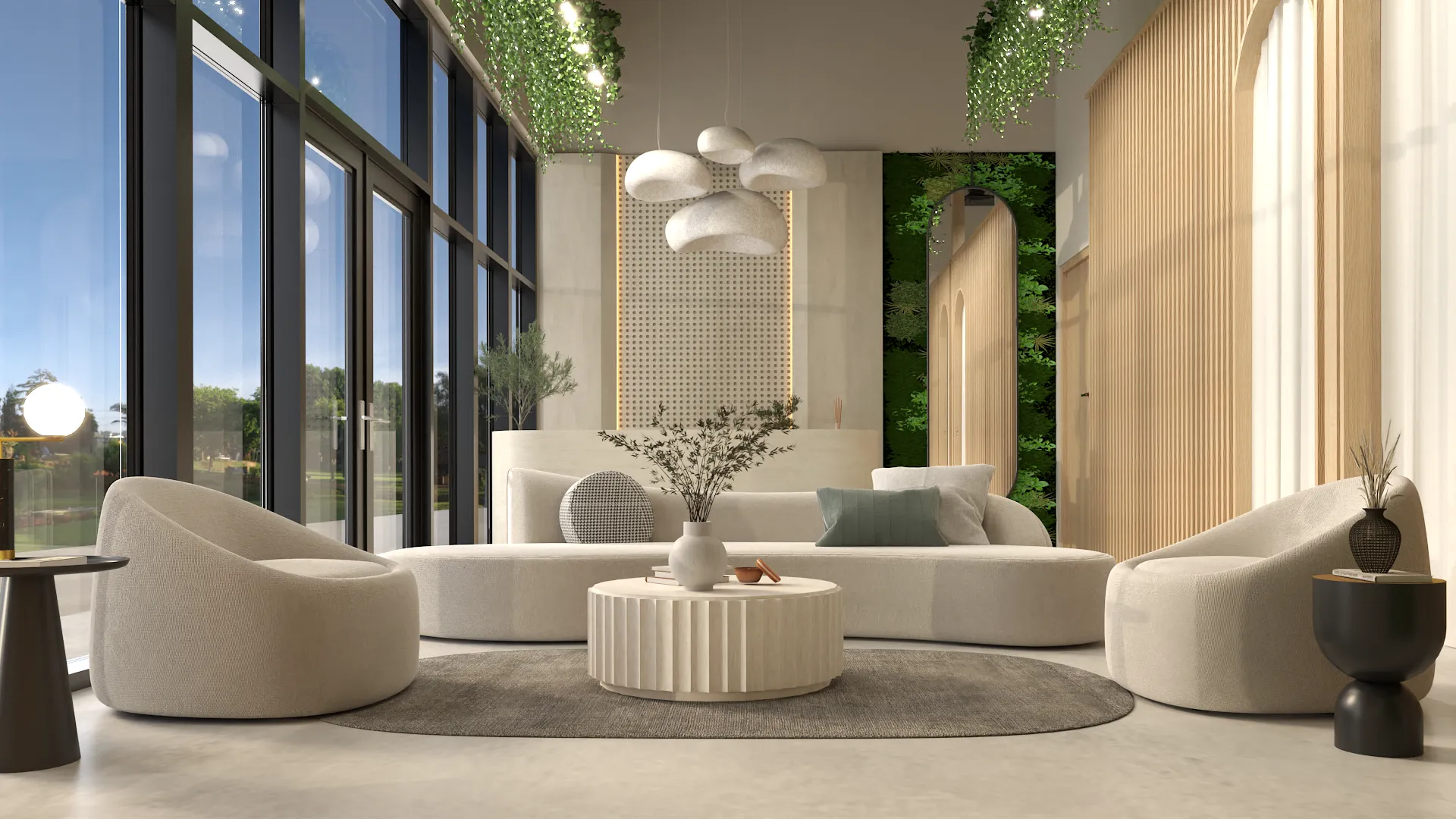 A contemporary living room featuring a cozy seating arrangement, hanging green plants, and artistic light fixtures. The space is designed with neutral tones and a touch of greenery. Design by Debora, an online interior design service.